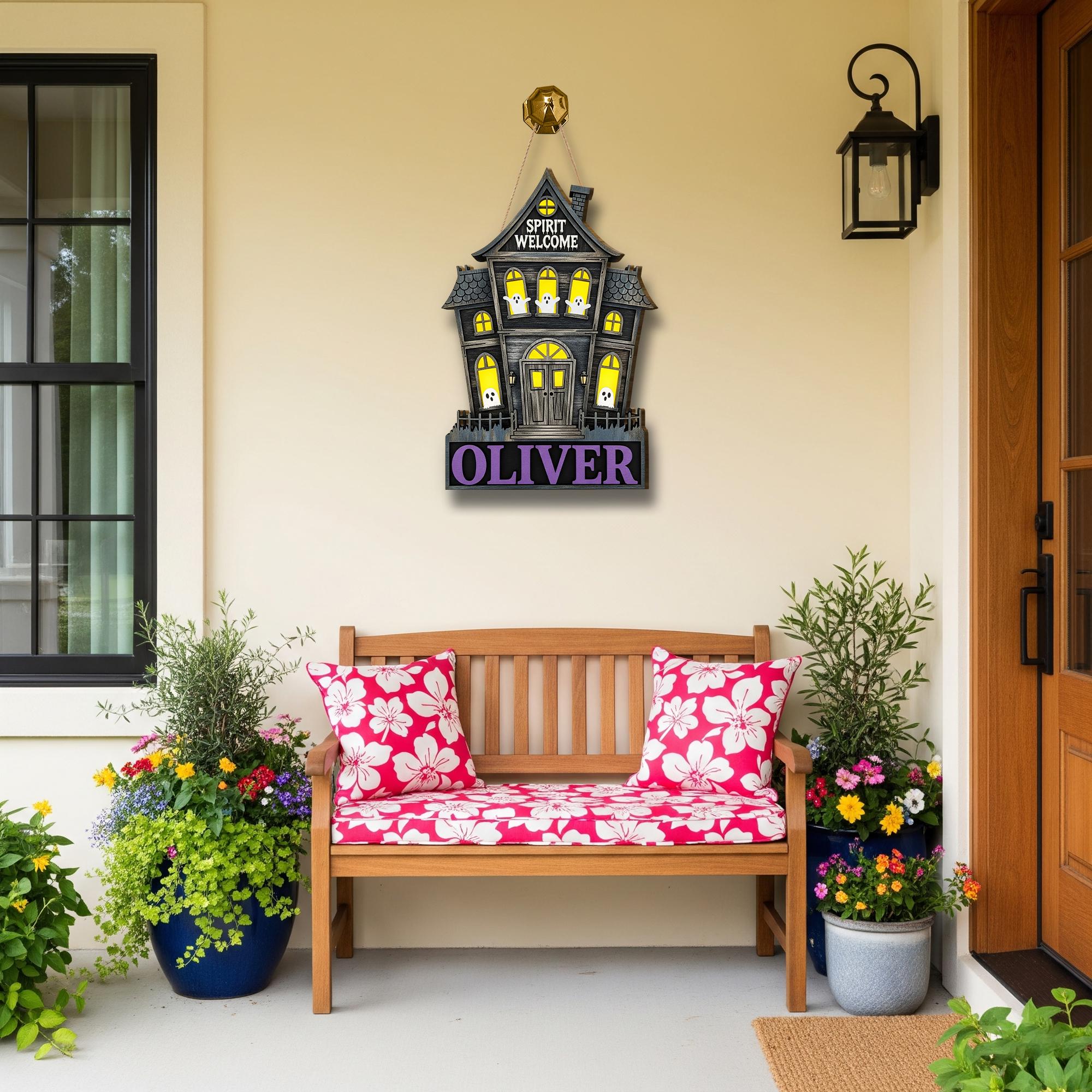 Custom Haunted House Wooden Sign | Personalized Halloween Door Hanger | Ghost Spirit Welcome Plaque | Spooky Porch Decoration