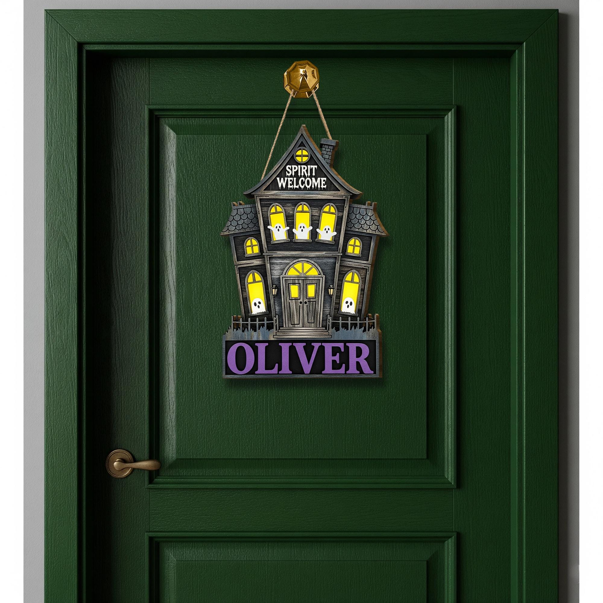 Custom Haunted House Wooden Sign | Personalized Halloween Door Hanger | Ghost Spirit Welcome Plaque | Spooky Porch Decoration