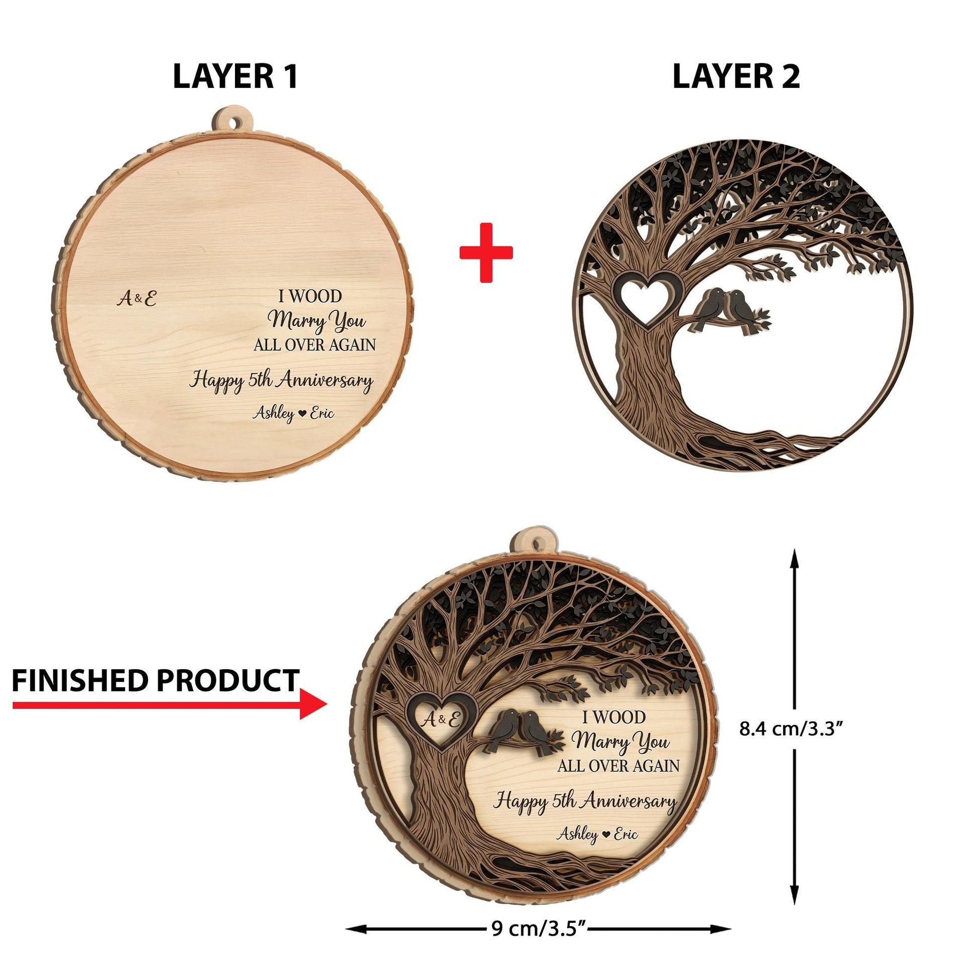 Custom Anniversary Ornament | Personalized Wooden Gift for Couples | 5th Anniversary Keepsake | Wedding Tree Ornament