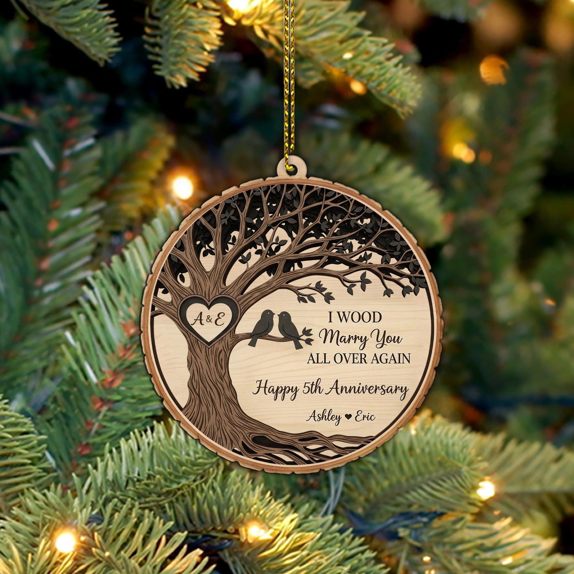 Custom Anniversary Ornament | Personalized Wooden Gift for Couples | 5th Anniversary Keepsake | Wedding Tree Ornament