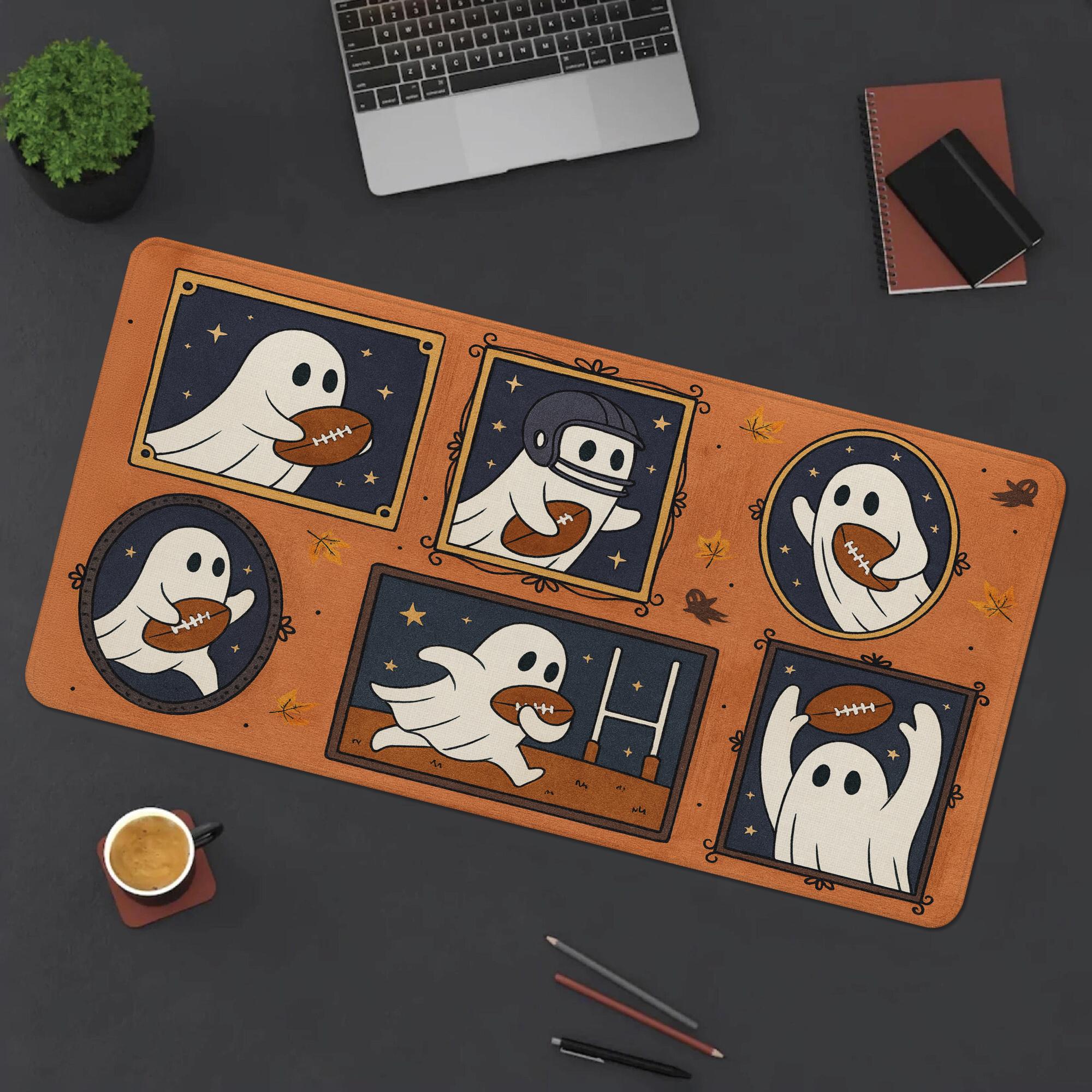 Halloween Rugby Mouse Pad - Funny Ghost Desk Mat, Spooky Office Decor, Rugby Lover Gift, Large Gaming Pad for Work or Home