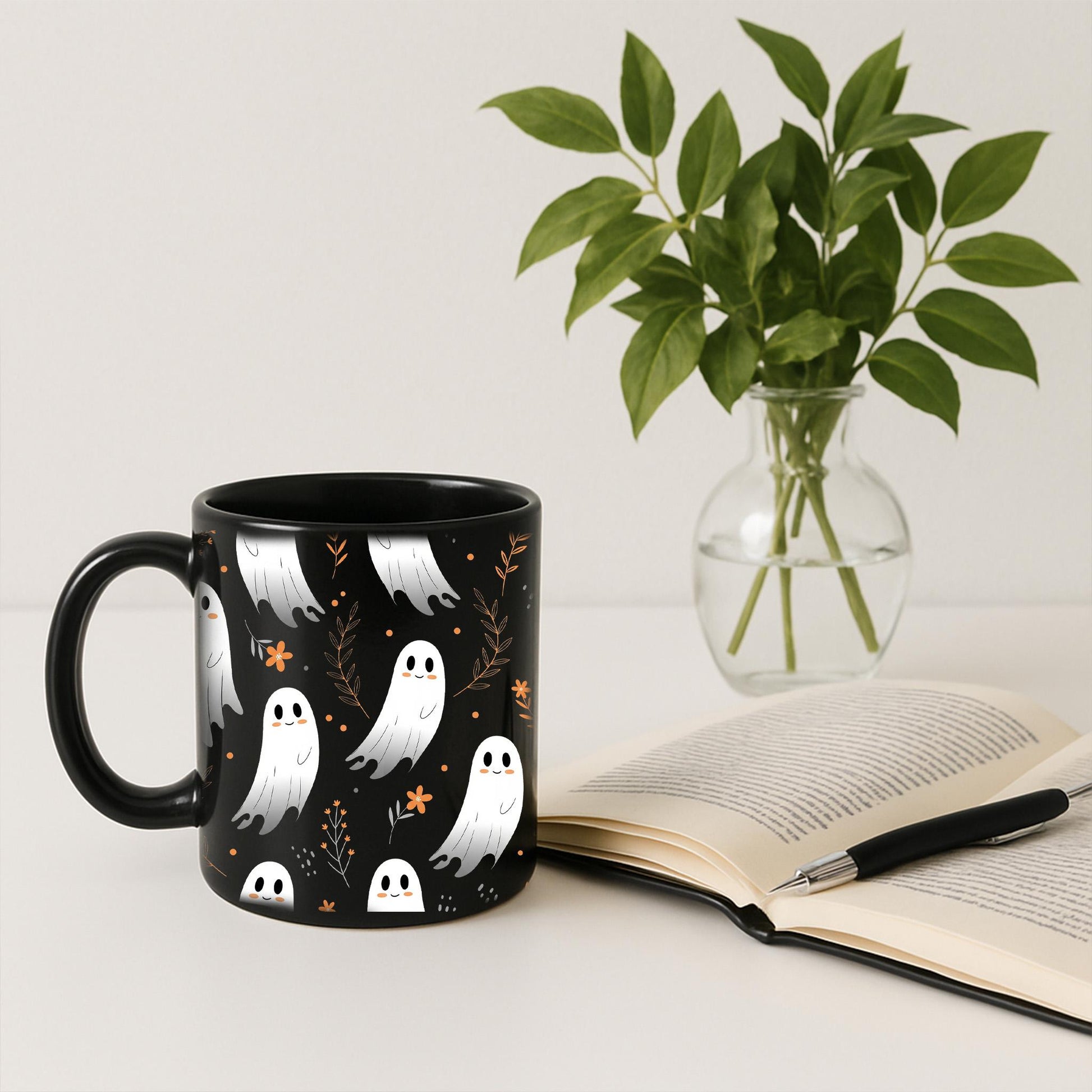 Cute Ghost Mug – Halloween Coffee Cup, Spooky Fall Tea Mug, Black Ceramic Ghosts Mug, Autumn Hot Cocoa Cup, Halloween Gift Idea