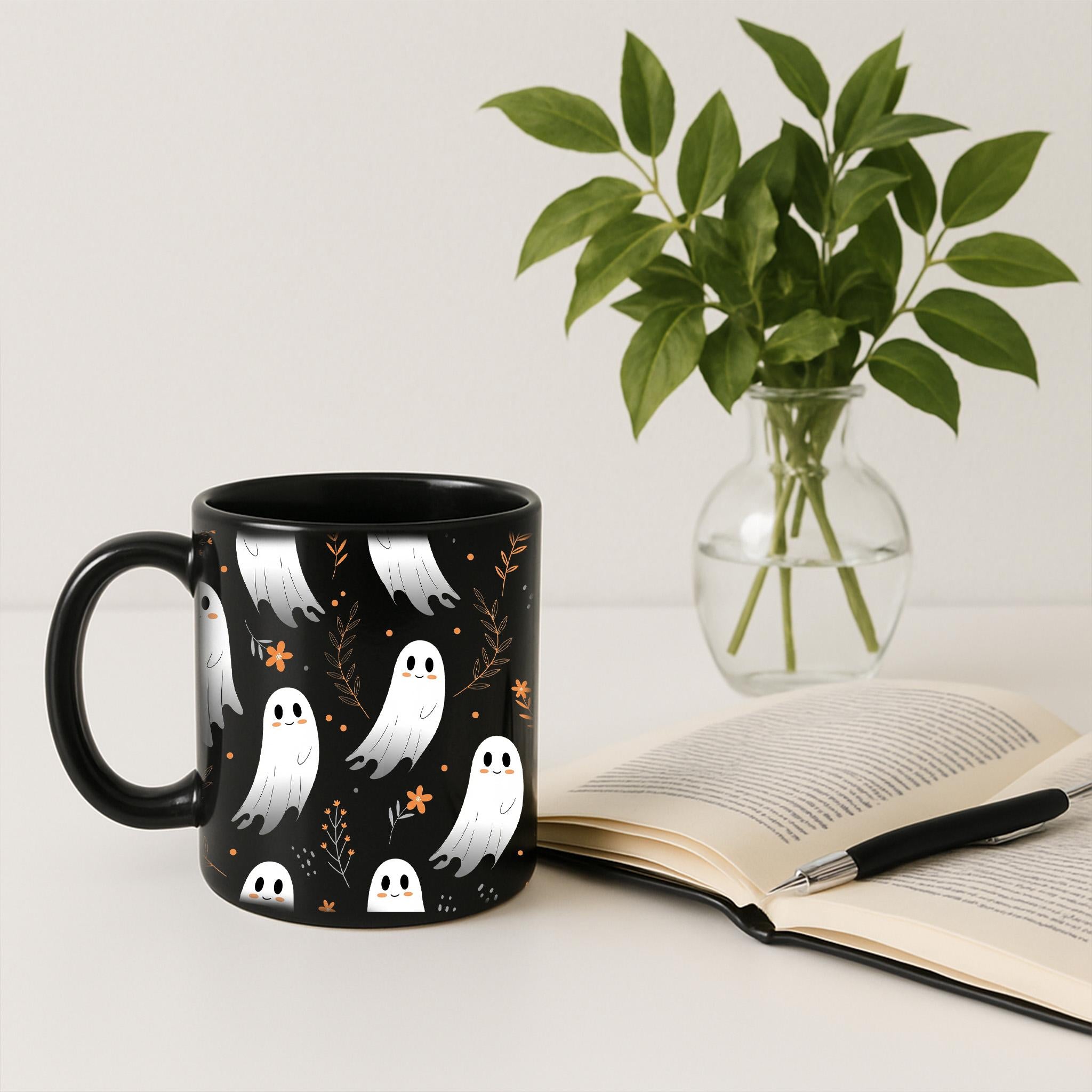 Cute Ghost Mug – Halloween Coffee Cup, Spooky Fall Tea Mug, Black Ceramic Ghosts Mug, Autumn Hot Cocoa Cup, Halloween Gift Idea