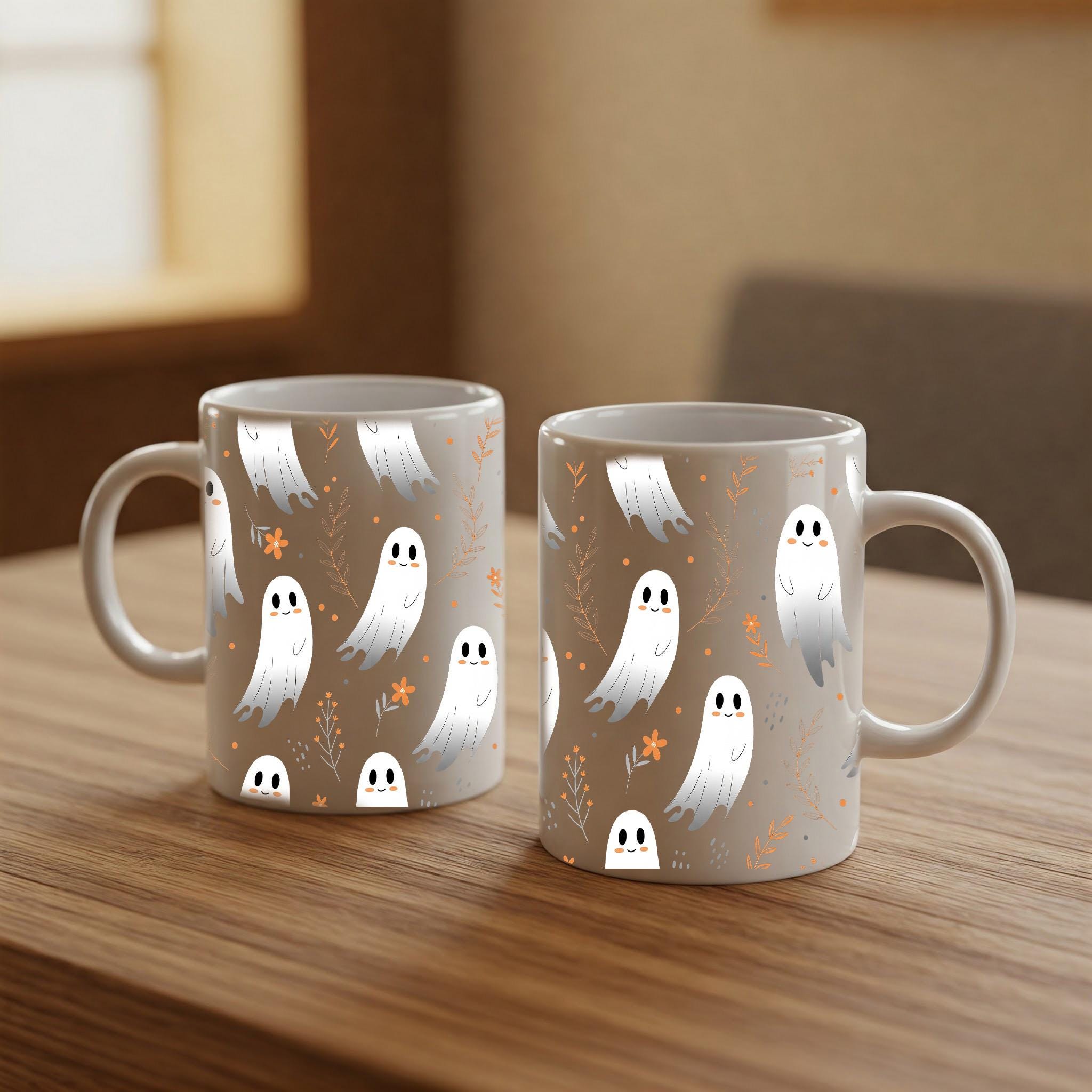 Cute Ghost Mug – Halloween Coffee Cup, Spooky Fall Tea Mug, Black Ceramic Ghosts Mug, Autumn Hot Cocoa Cup, Halloween Gift Idea