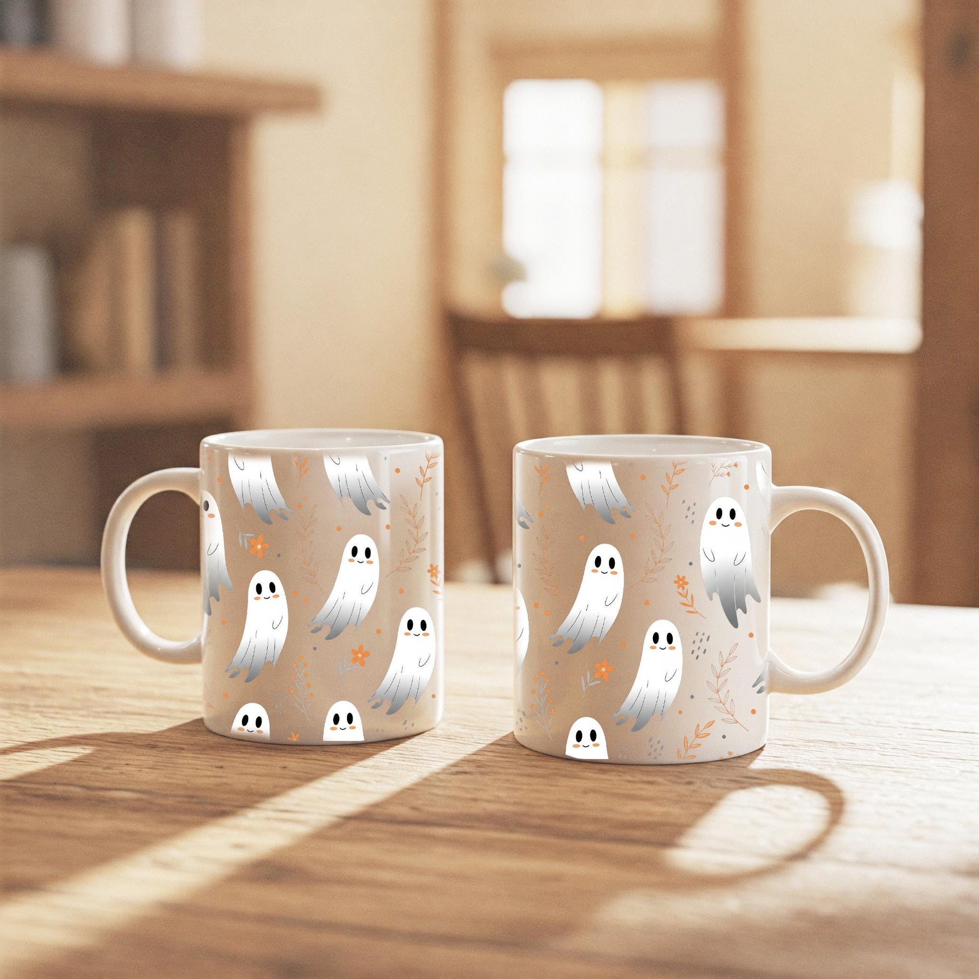 Cute Ghost Mug – Halloween Coffee Cup, Spooky Fall Tea Mug, Black Ceramic Ghosts Mug, Autumn Hot Cocoa Cup, Halloween Gift Idea