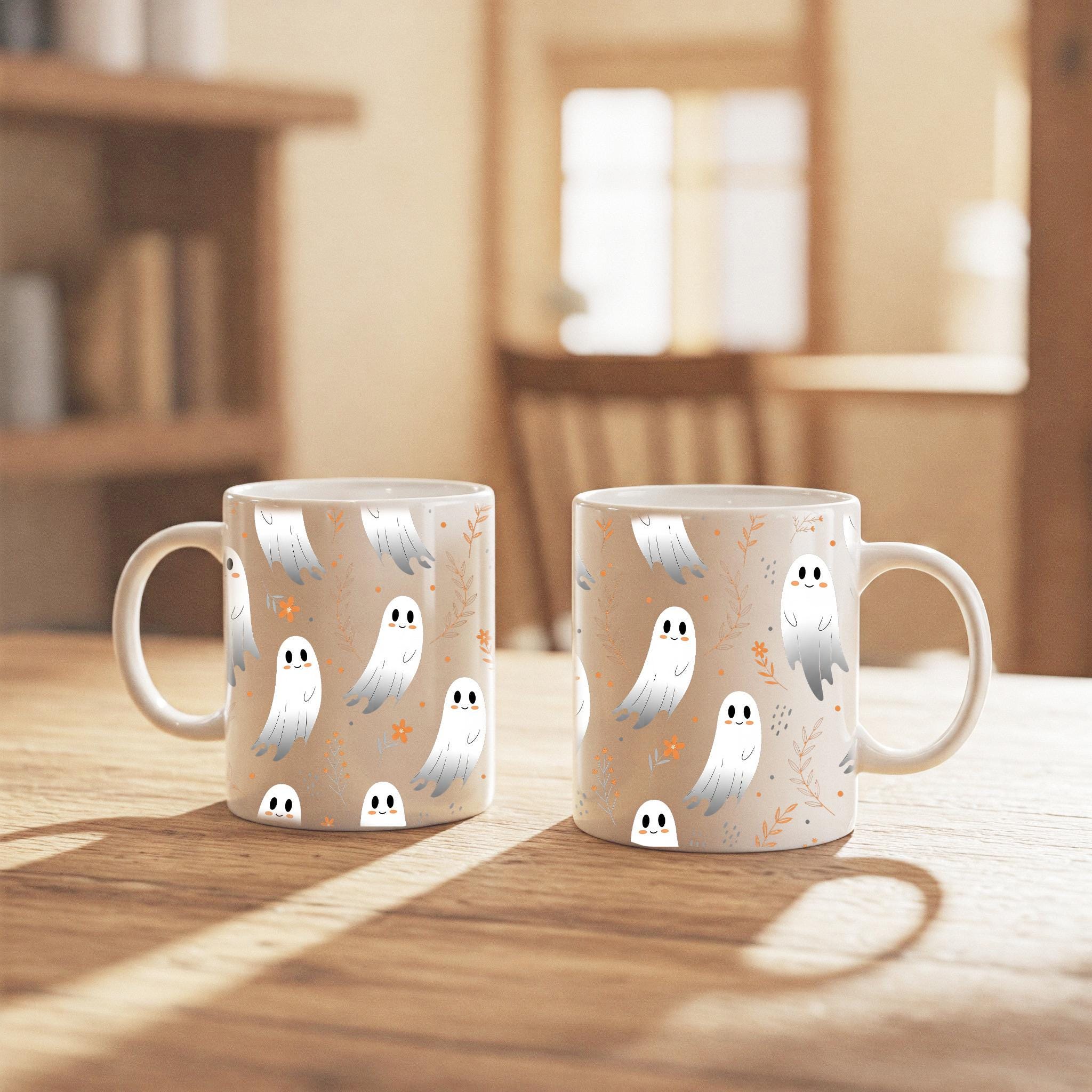 Cute Ghost Mug – Halloween Coffee Cup, Spooky Fall Tea Mug, Black Ceramic Ghosts Mug, Autumn Hot Cocoa Cup, Halloween Gift Idea