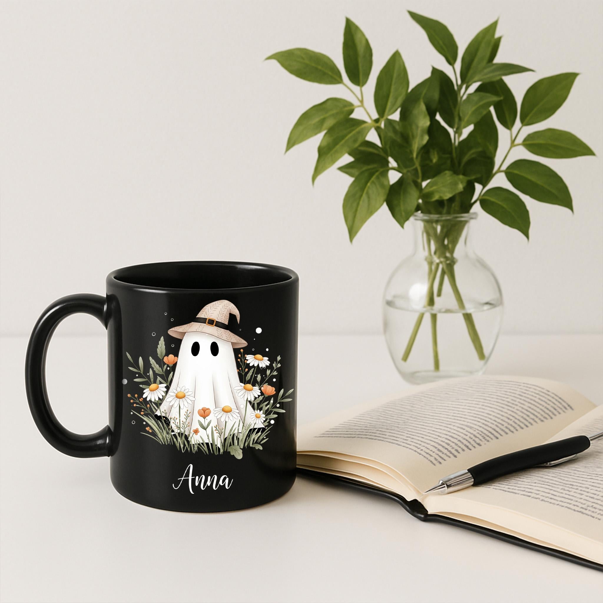Personalized Ghost Mug – Custom Name Halloween Coffee Cup, Cute Witch Hat Ghost with Flowers, Spooky Season Fall Gift for Her