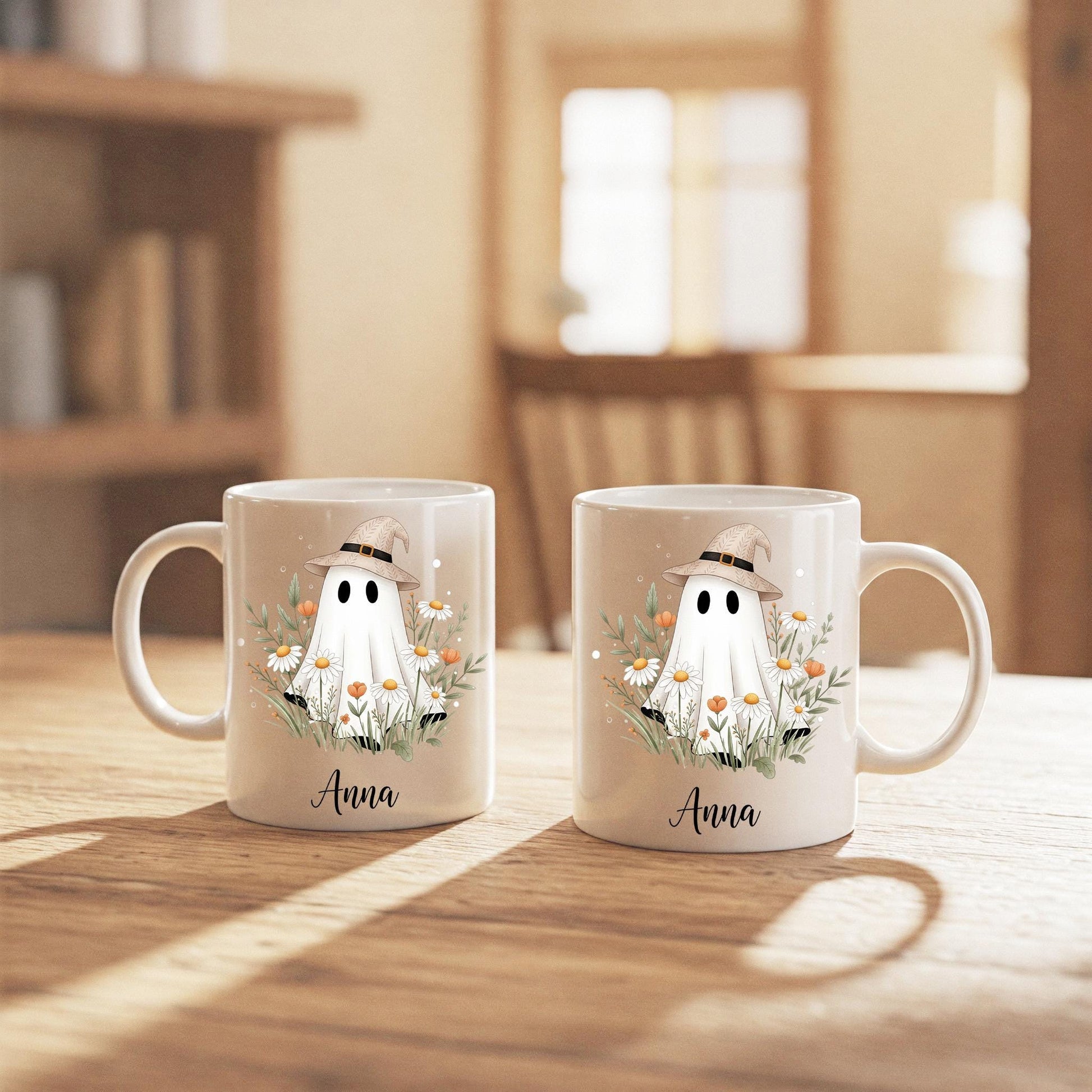 Personalized Ghost Mug – Custom Name Halloween Coffee Cup, Cute Witch Hat Ghost with Flowers, Spooky Season Fall Gift for Her