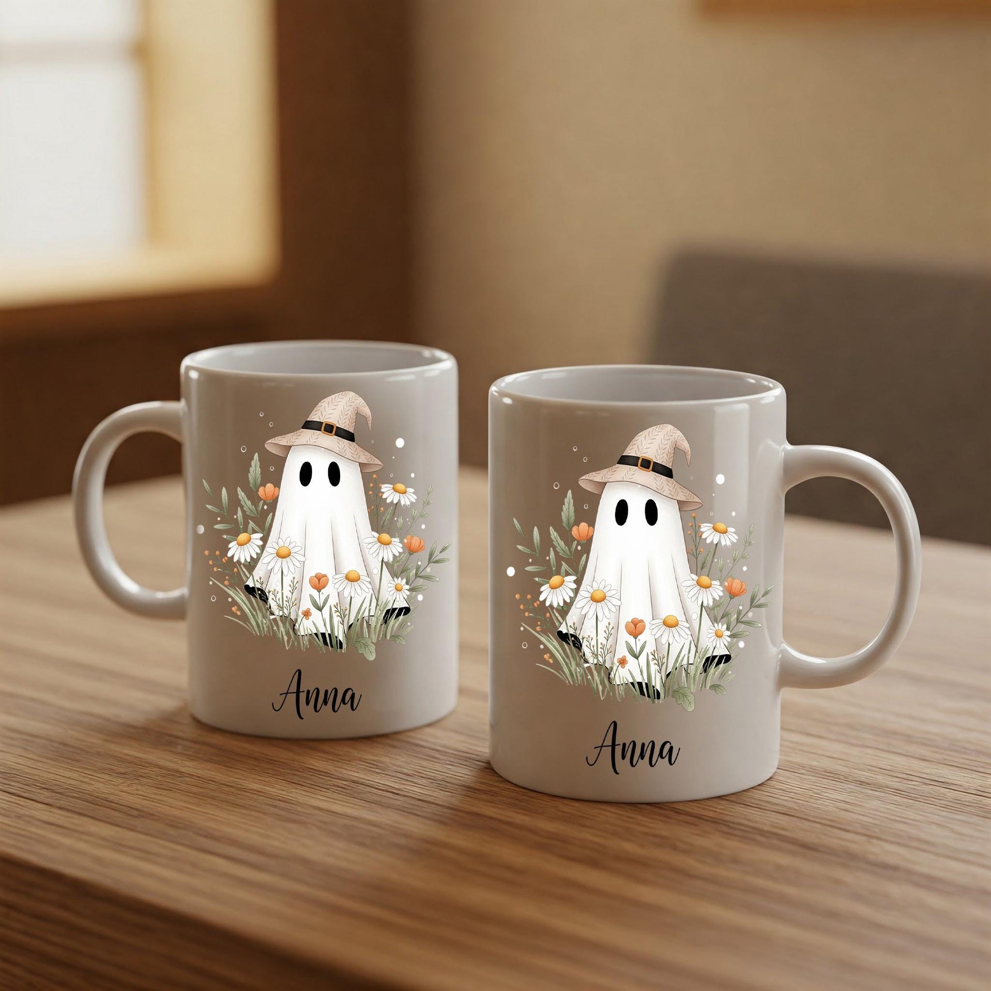 Personalized Ghost Mug – Custom Name Halloween Coffee Cup, Cute Witch Hat Ghost with Flowers, Spooky Season Fall Gift for Her
