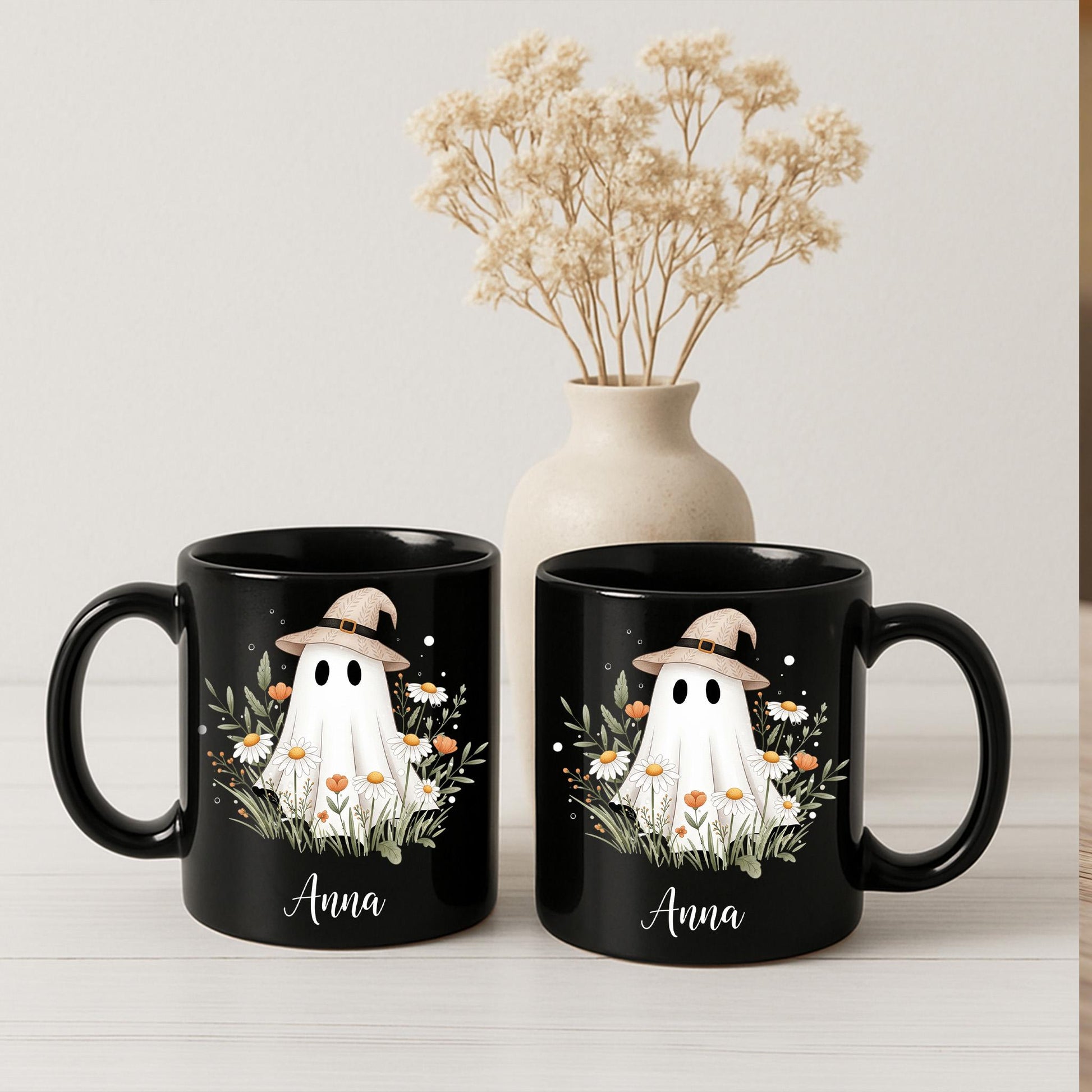Personalized Ghost Mug – Custom Name Halloween Coffee Cup, Cute Witch Hat Ghost with Flowers, Spooky Season Fall Gift for Her