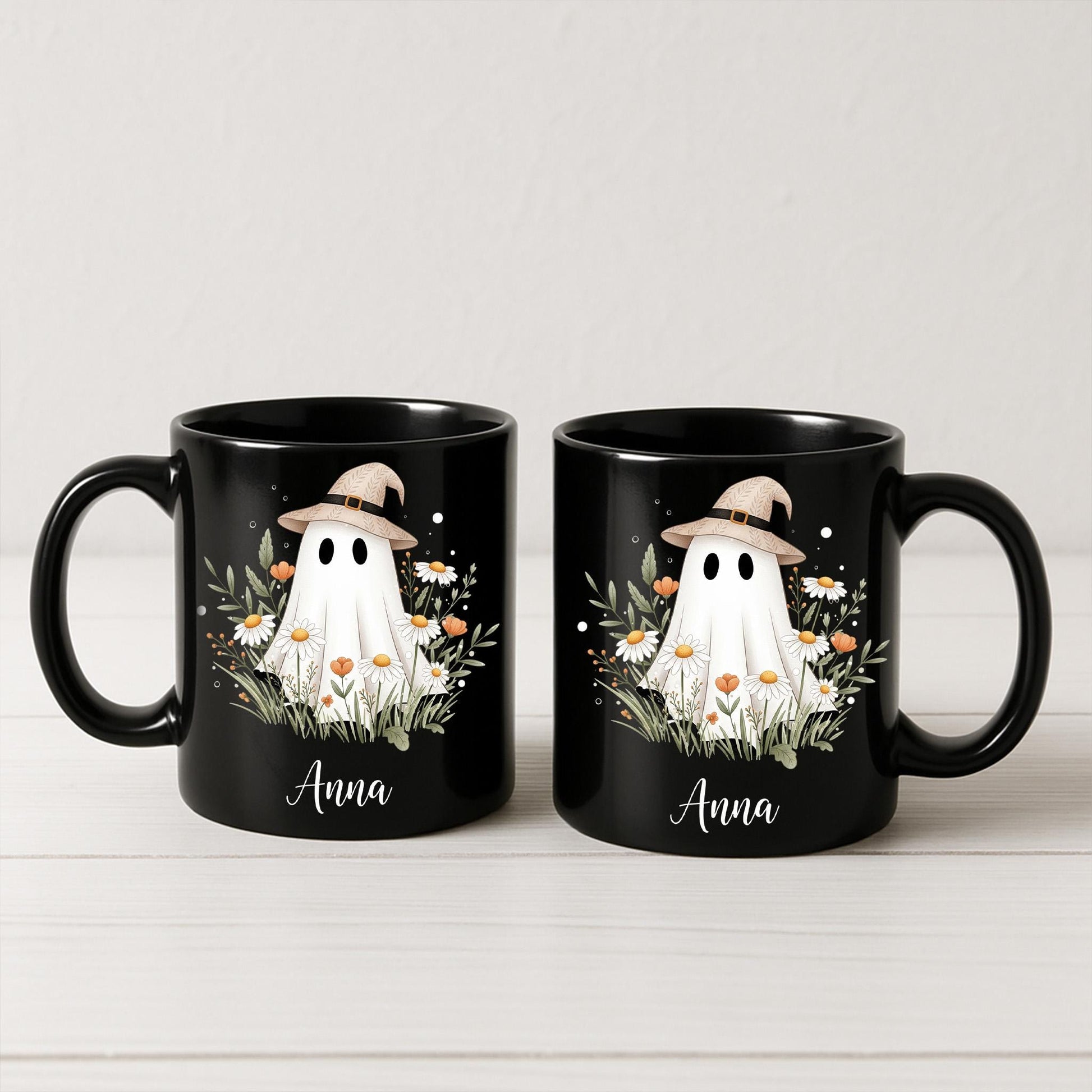 Personalized Ghost Mug – Custom Name Halloween Coffee Cup, Cute Witch Hat Ghost with Flowers, Spooky Season Fall Gift for Her