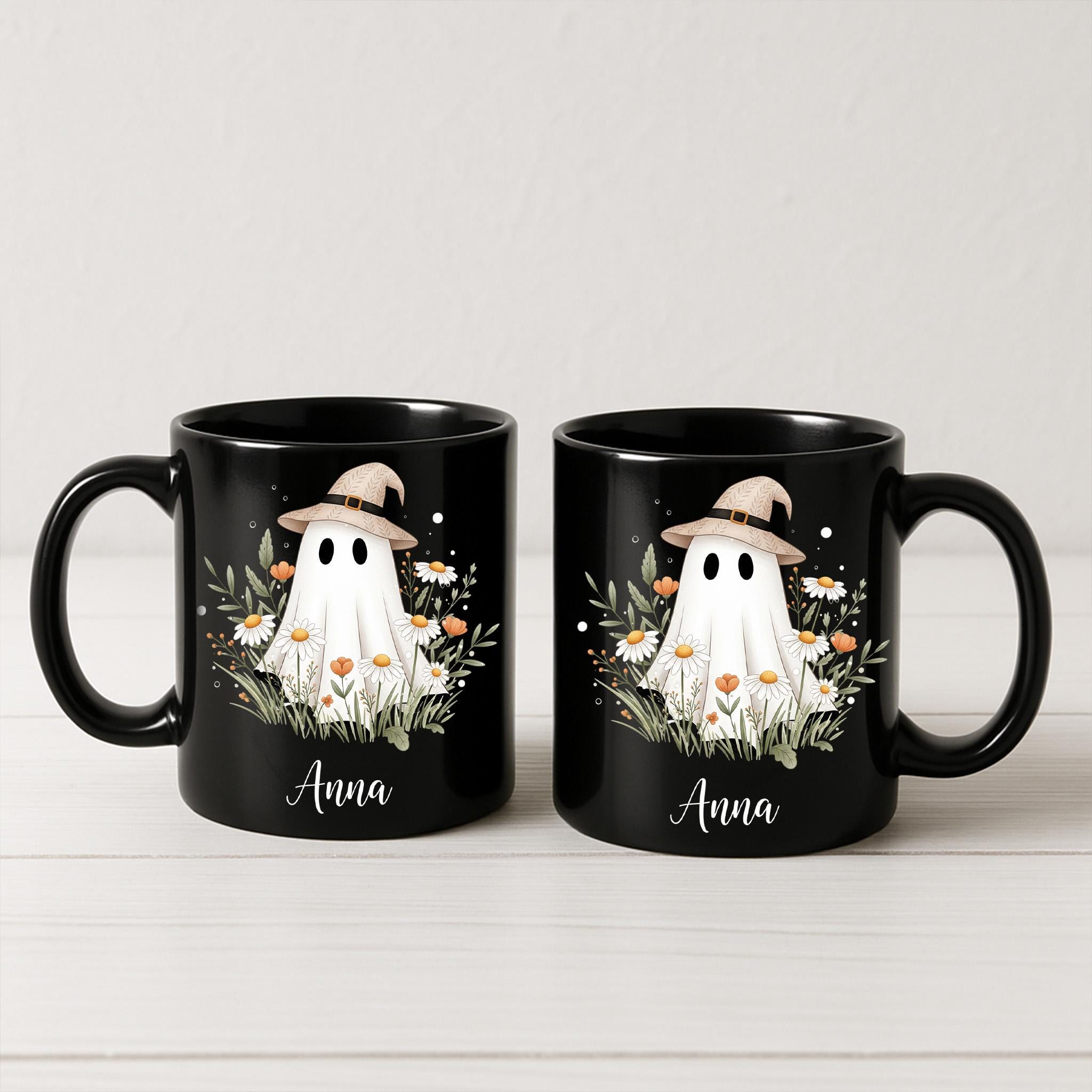 Personalized Ghost Mug – Custom Name Halloween Coffee Cup, Cute Witch Hat Ghost with Flowers, Spooky Season Fall Gift for Her