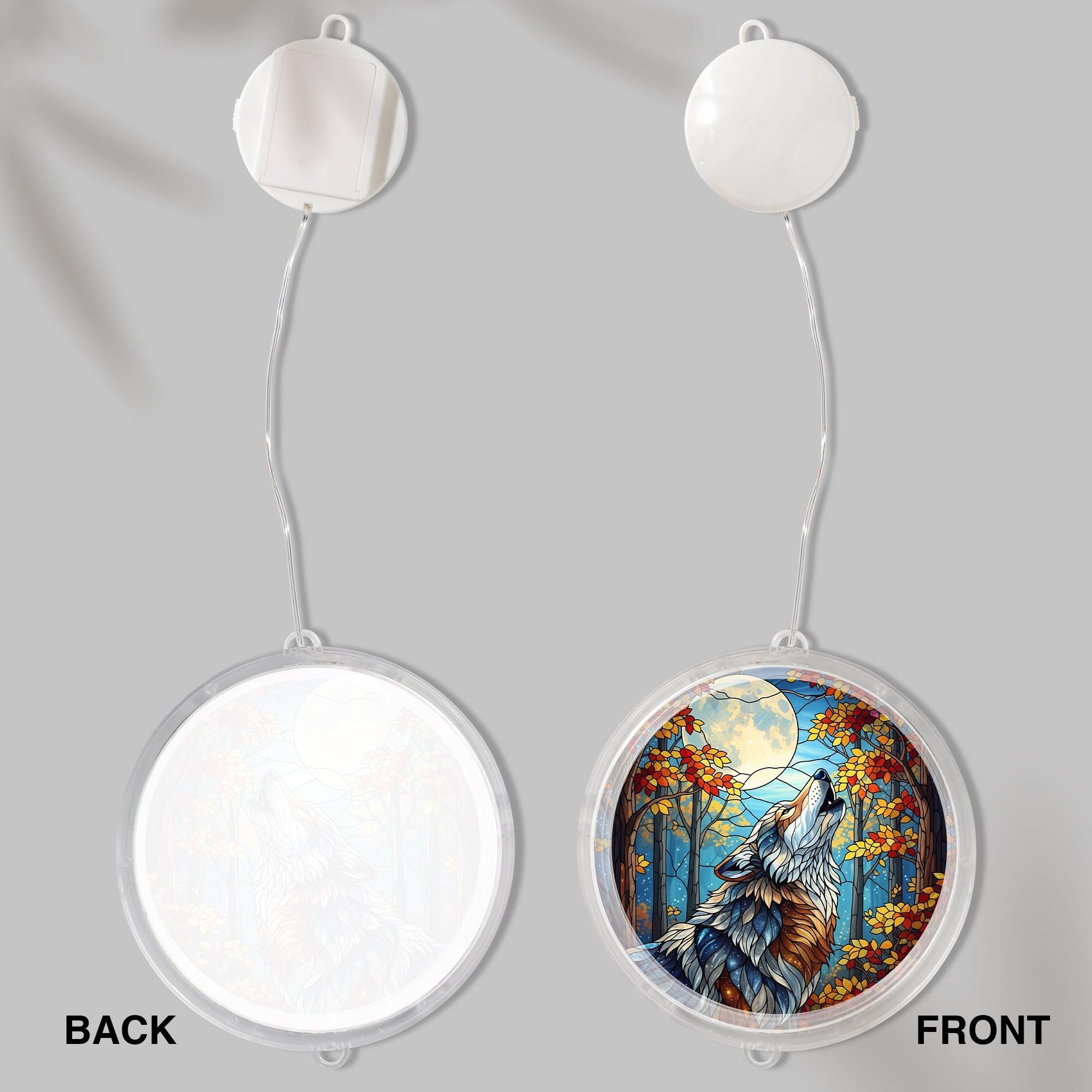 Wolf LED Hanging Sun Catcher – Stained Glass Style Lighted Window Decor, Moon and Forest Animal Wall Art, Nature Gift for Home