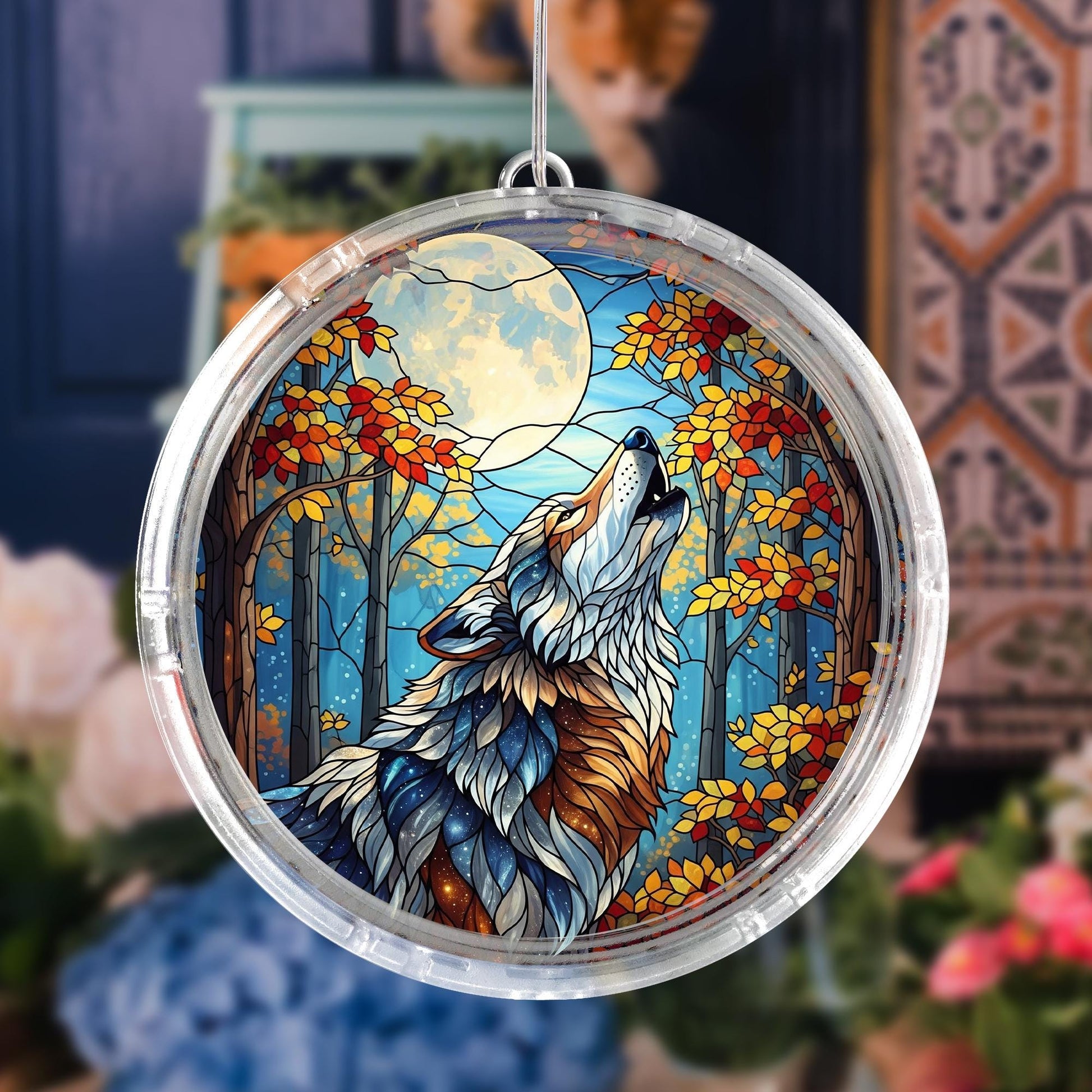 Wolf LED Hanging Sun Catcher – Stained Glass Style Lighted Window Decor, Moon and Forest Animal Wall Art, Nature Gift for Home