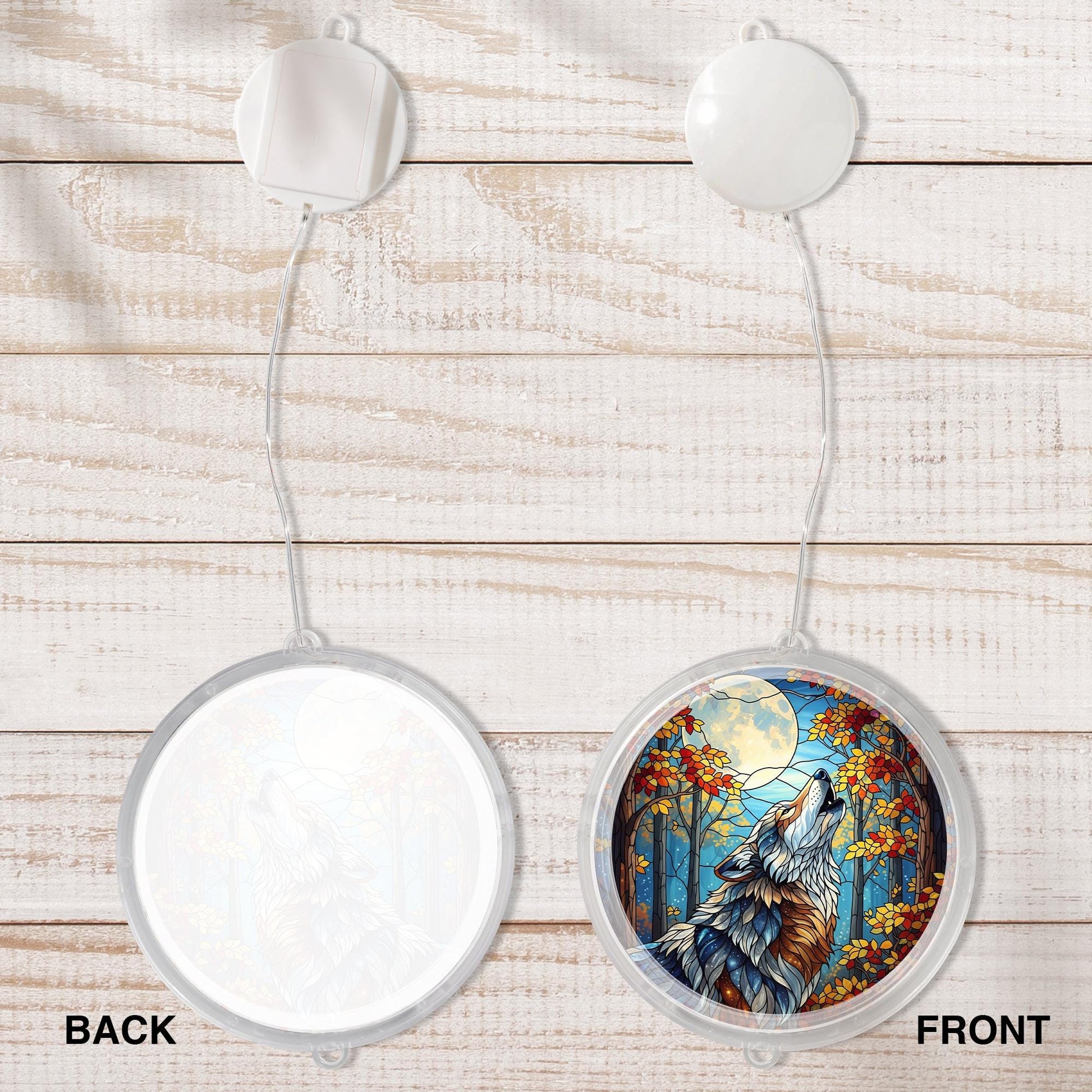 Wolf LED Hanging Sun Catcher – Stained Glass Style Lighted Window Decor, Moon and Forest Animal Wall Art, Nature Gift for Home