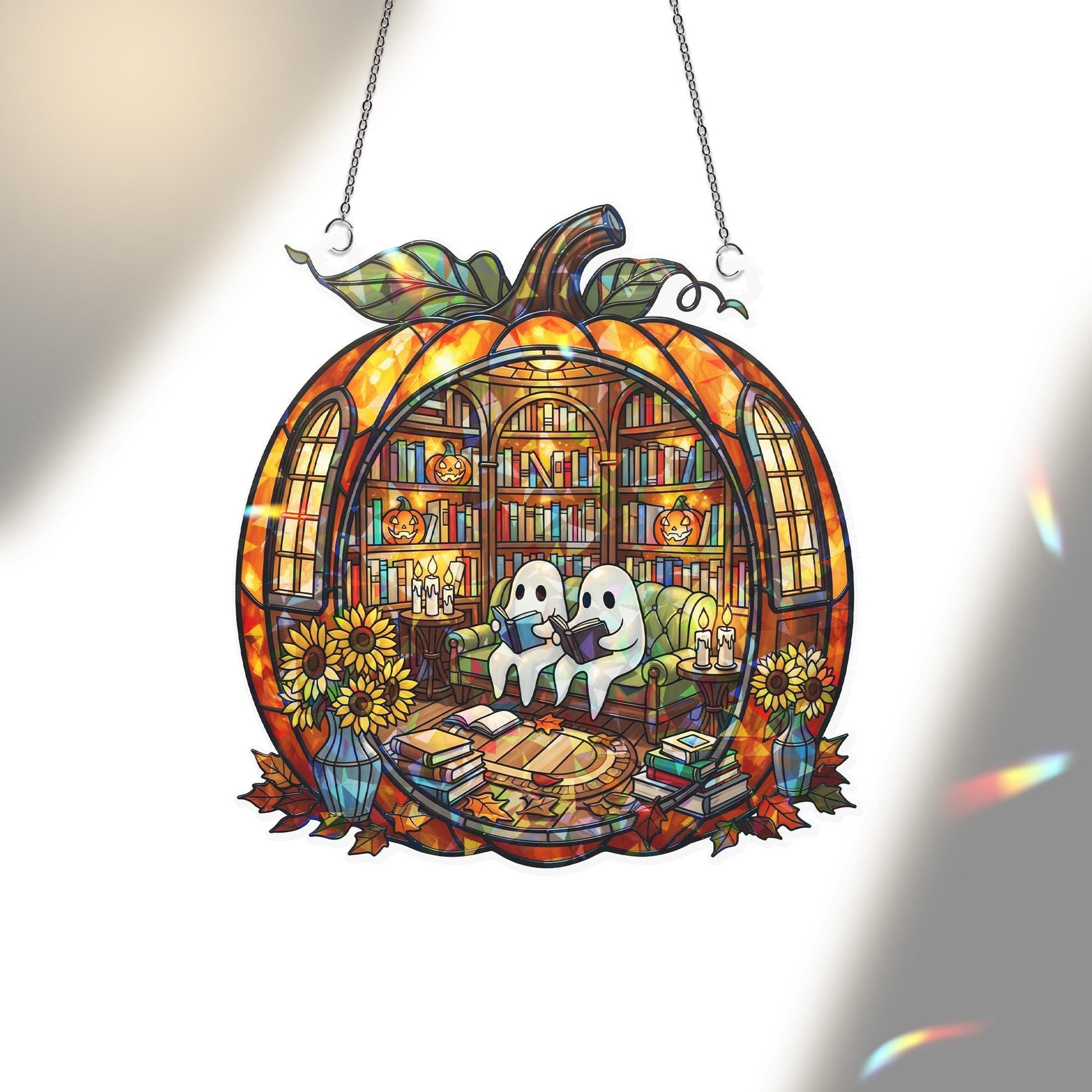 Halloween Ghost Pumpkin Suncatcher - Holographic Acrylic Window Hanging, Spooky Book Lover Decor, Autumn Window Art Gift