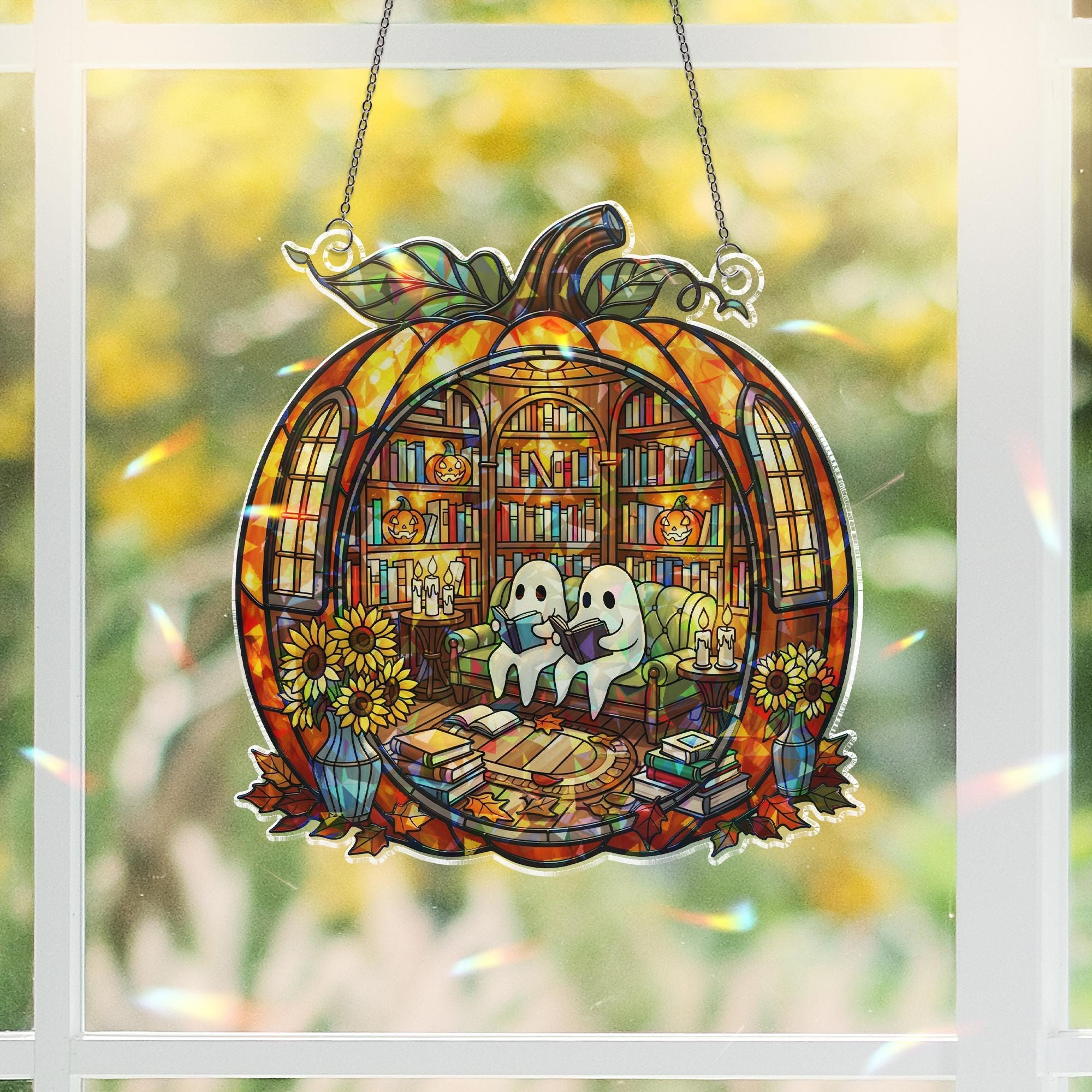 Halloween Ghost Pumpkin Suncatcher - Holographic Acrylic Window Hanging, Spooky Book Lover Decor, Autumn Window Art Gift
