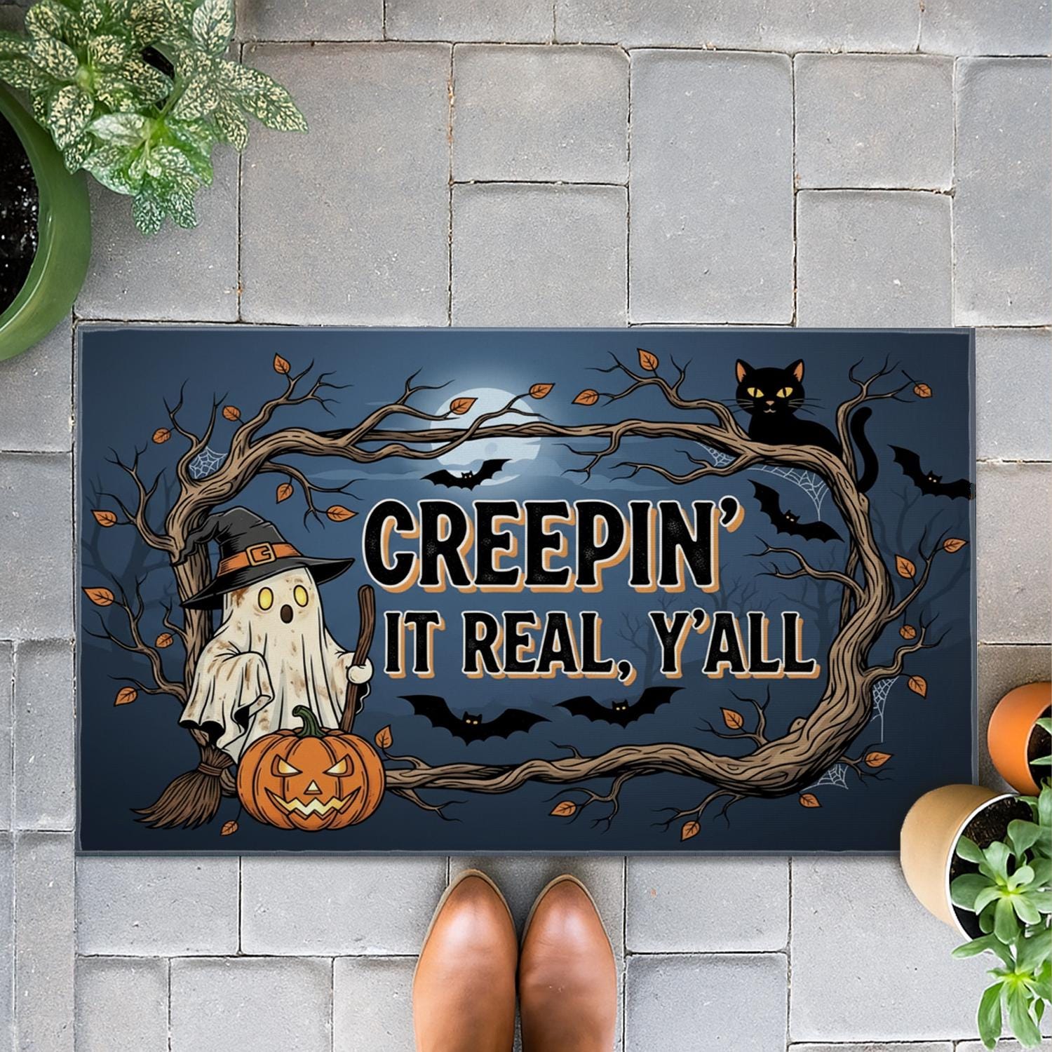 Creepin' It Real Halloween Doormat: Ghost, Pumpkin, Black Cat Porch Decor