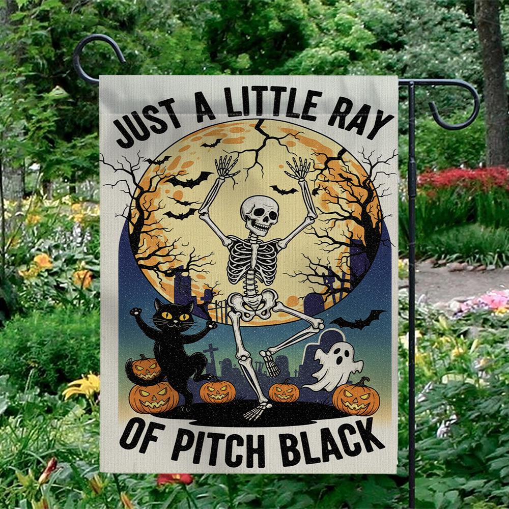 Halloween Garden Flag: Spooky Skeleton, Ghost & Cat - Double-Sided Polyester