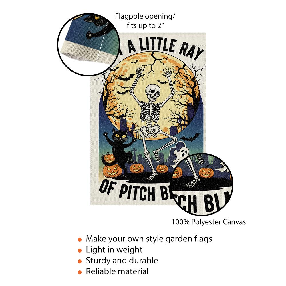 Halloween Garden Flag: Spooky Skeleton, Ghost & Cat - Double-Sided Polyester