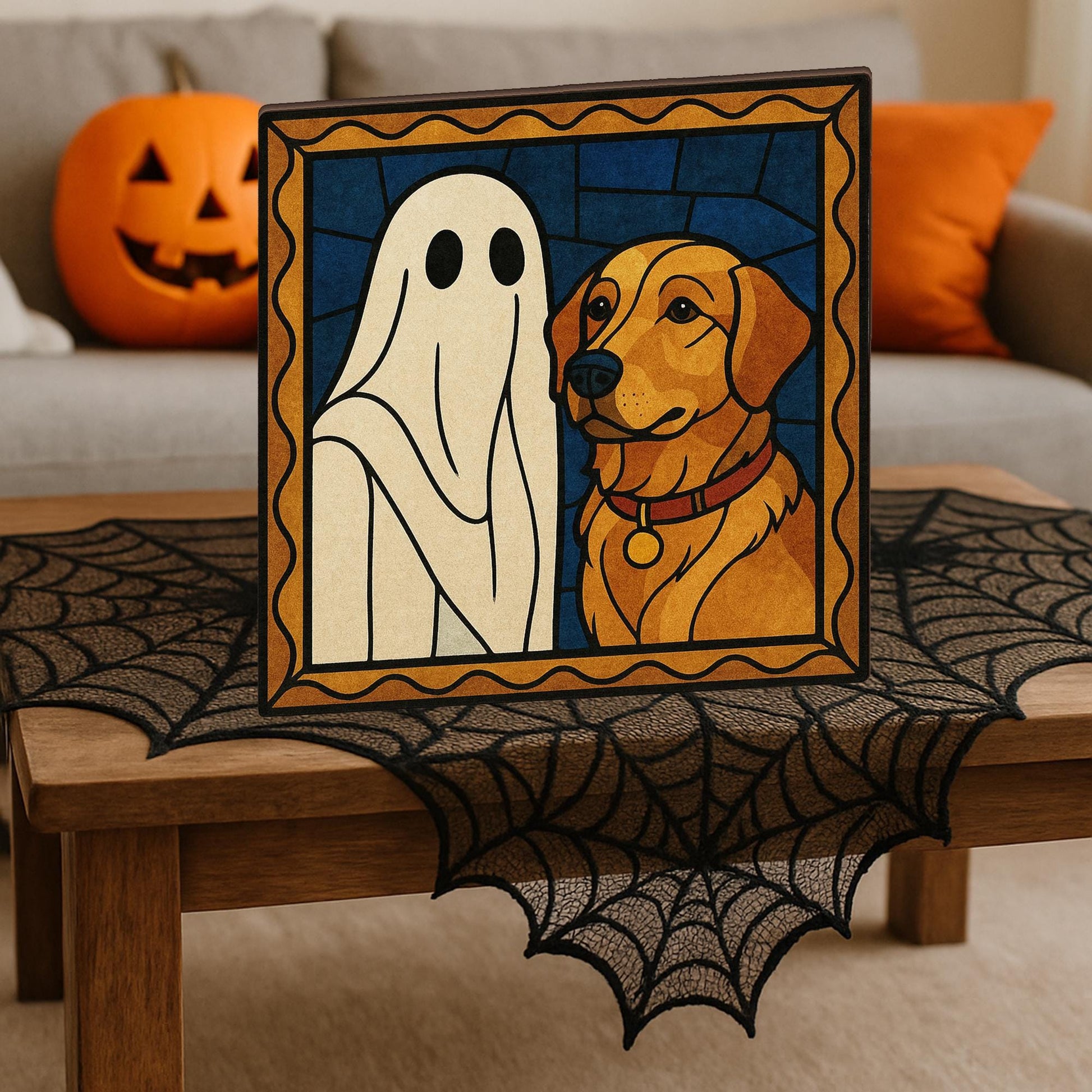 Custom Pet Halloween Wooden Block - Personalized Ghost Dog Portrait, Spooky Fall Home Decor, Unique Pet Lover Gift