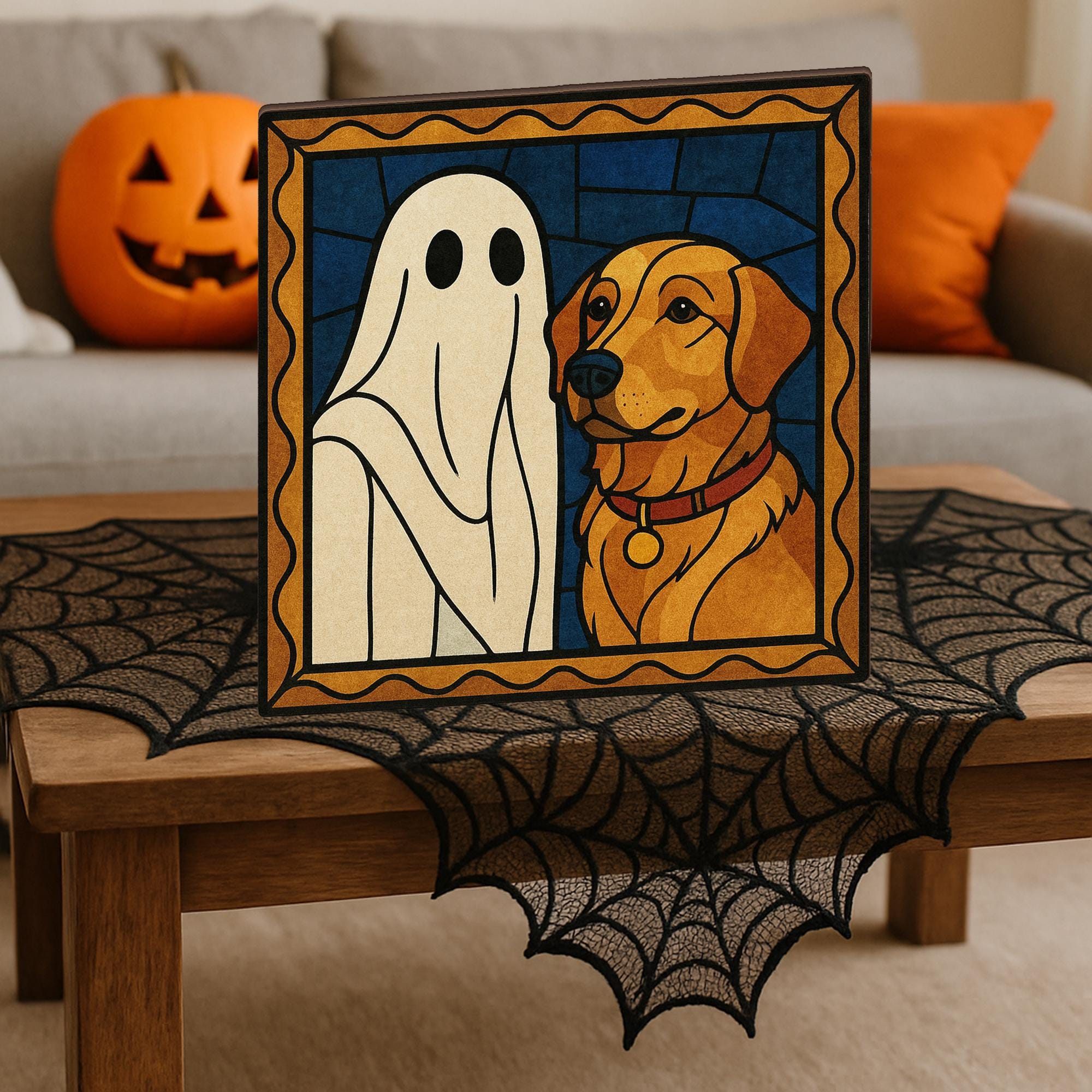 Custom Pet Halloween Wooden Block - Personalized Ghost Dog Portrait, Spooky Fall Home Decor, Unique Pet Lover Gift