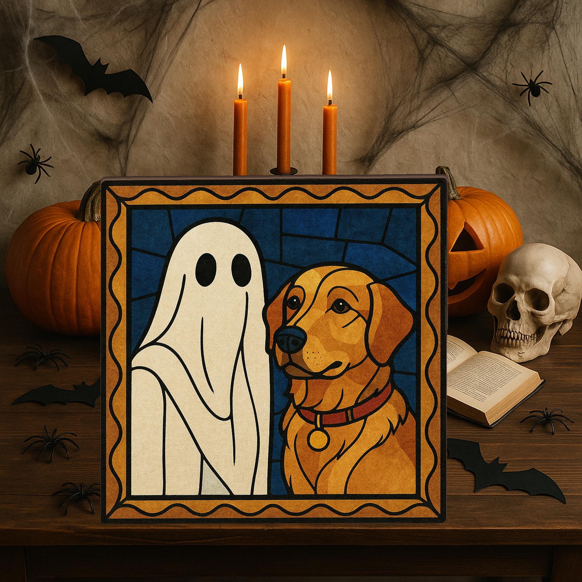 Custom Pet Halloween Wooden Block - Personalized Ghost Dog Portrait, Spooky Fall Home Decor, Unique Pet Lover Gift