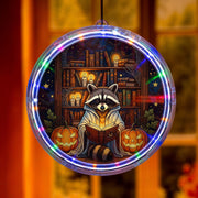 Halloween Raccoon LED Hanging Light - Spooky Trash Reader Wall Decor, Pumpkin Book Lover Night Lamp, Autumn Window Decoration