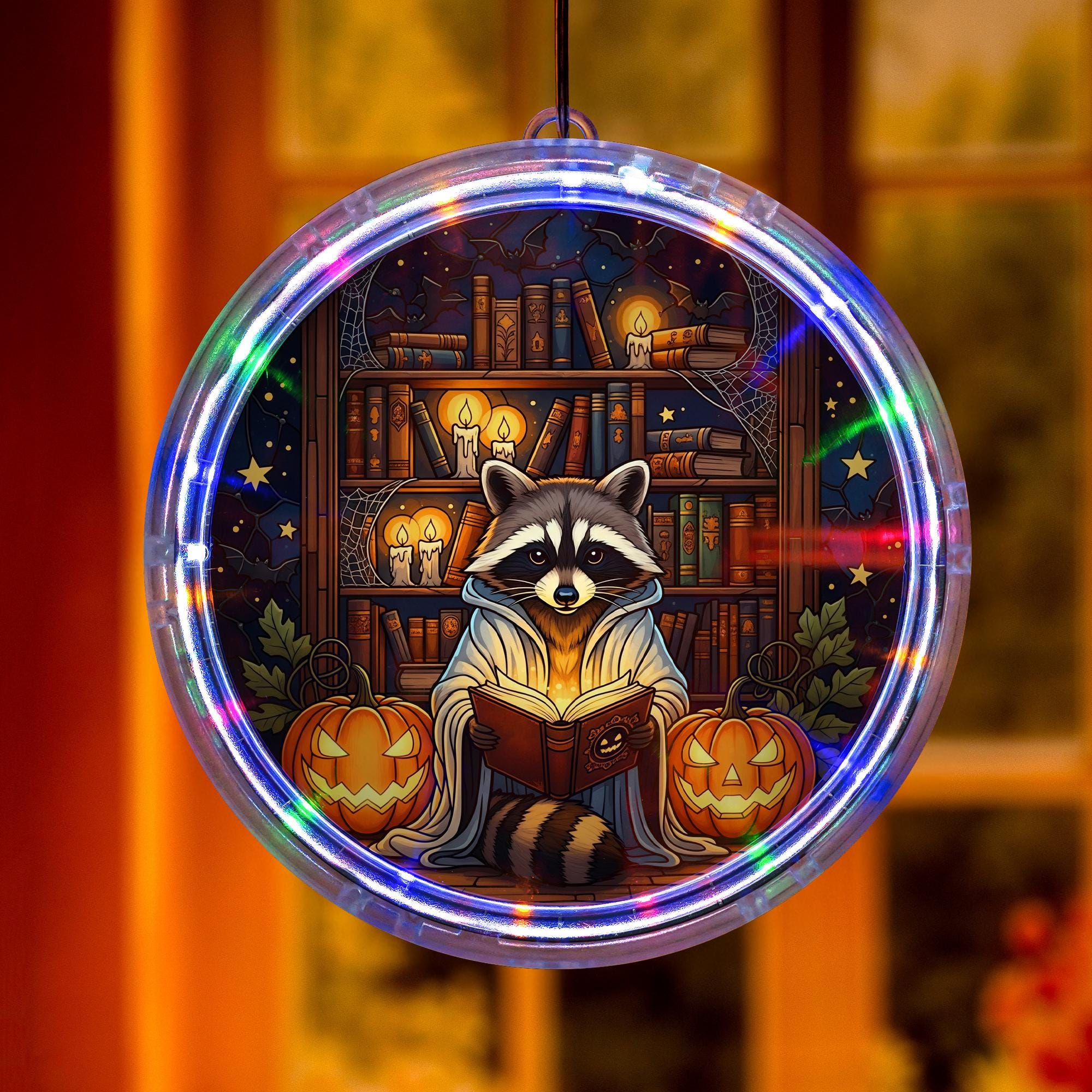 Halloween Raccoon LED Hanging Light - Spooky Trash Reader Wall Decor, Pumpkin Book Lover Night Lamp, Autumn Window Decoration