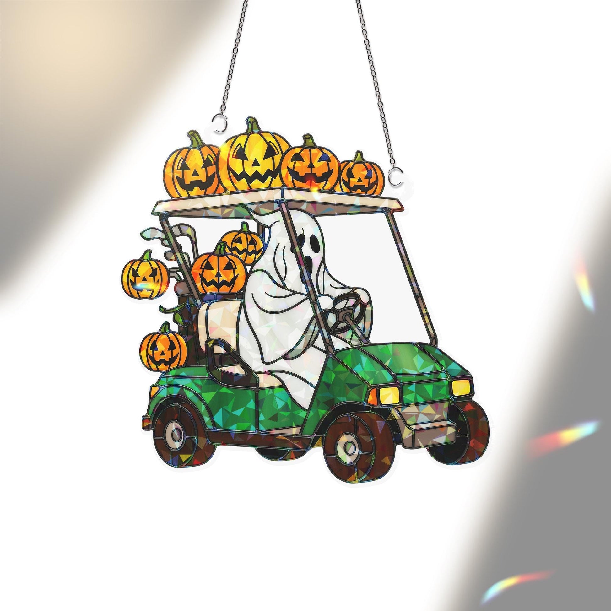 Halloween Ghost Golf Cart Suncatcher - Holographic Acrylic Pumpkin Window Hanging, Spooky Fall Decor, Golf Lover Halloween Gift