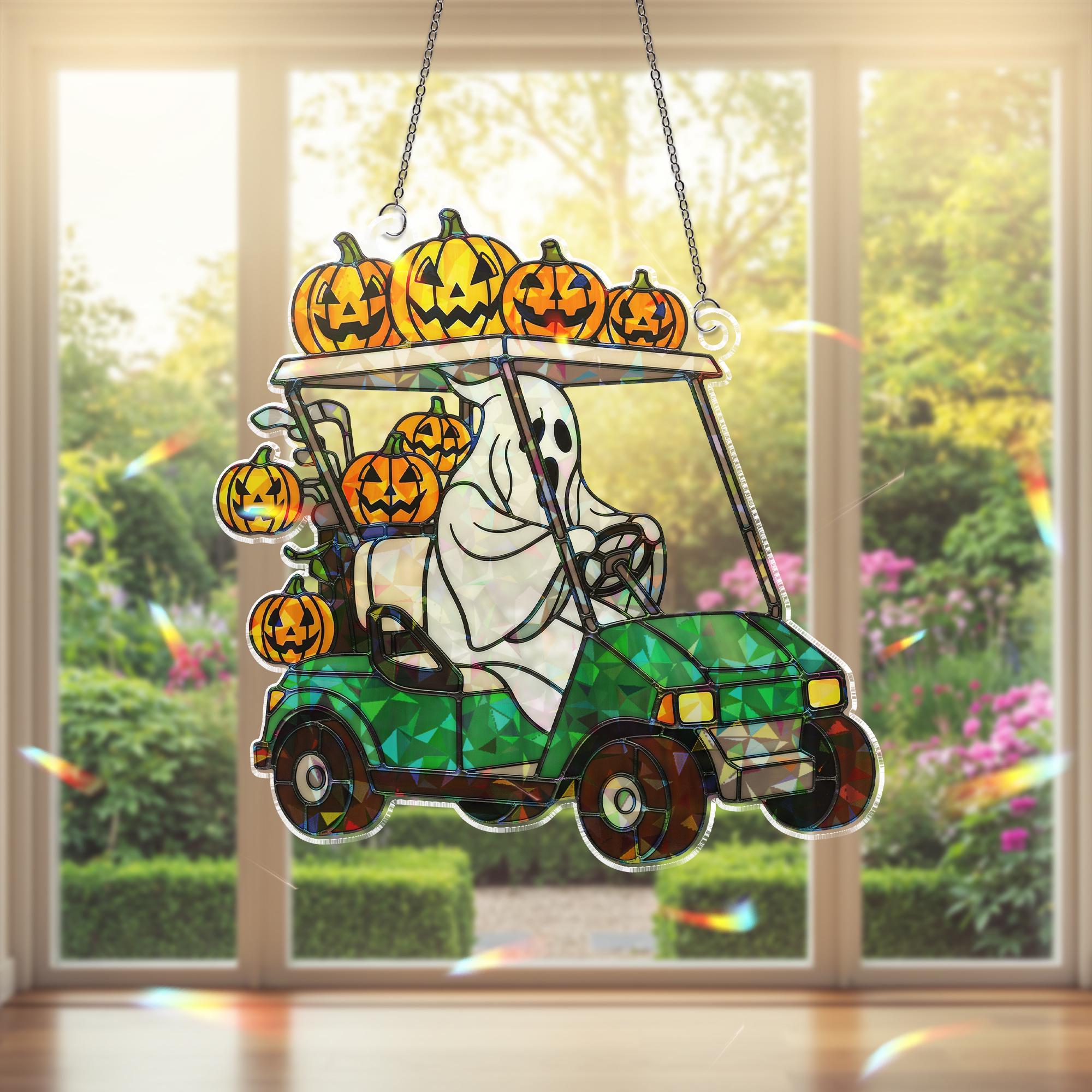 Halloween Ghost Golf Cart Suncatcher - Holographic Acrylic Pumpkin Window Hanging, Spooky Fall Decor, Golf Lover Halloween Gift