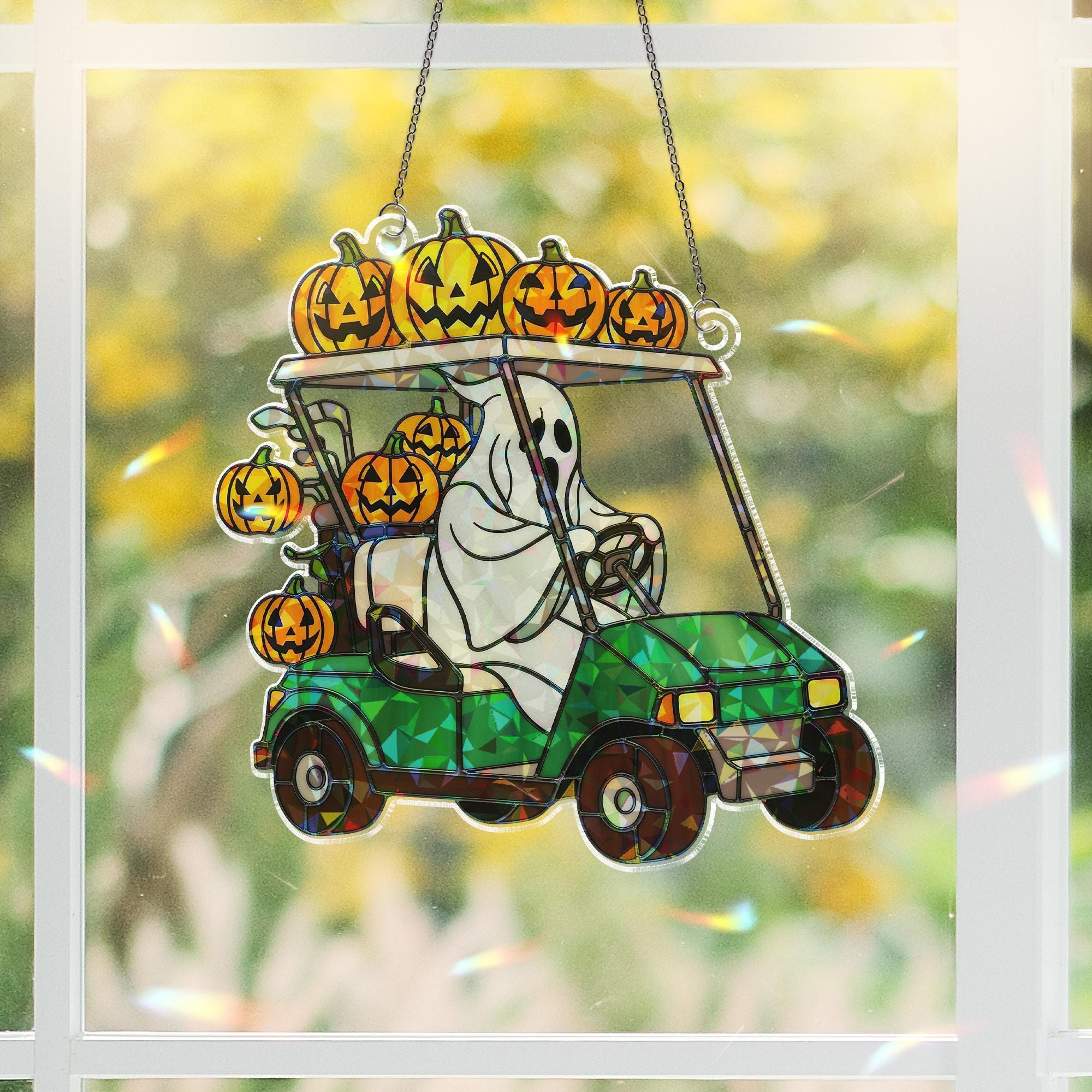 Halloween Ghost Golf Cart Suncatcher - Holographic Acrylic Pumpkin Window Hanging, Spooky Fall Decor, Golf Lover Halloween Gift