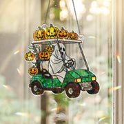 Halloween Ghost Golf Cart Suncatcher - Holographic Acrylic Pumpkin Window Hanging, Spooky Fall Decor, Golf Lover Halloween Gift