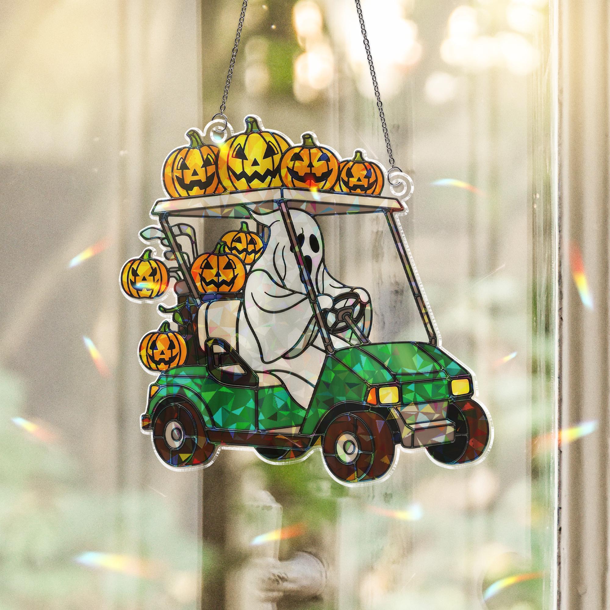 Halloween Ghost Golf Cart Suncatcher - Holographic Acrylic Pumpkin Window Hanging, Spooky Fall Decor, Golf Lover Halloween Gift