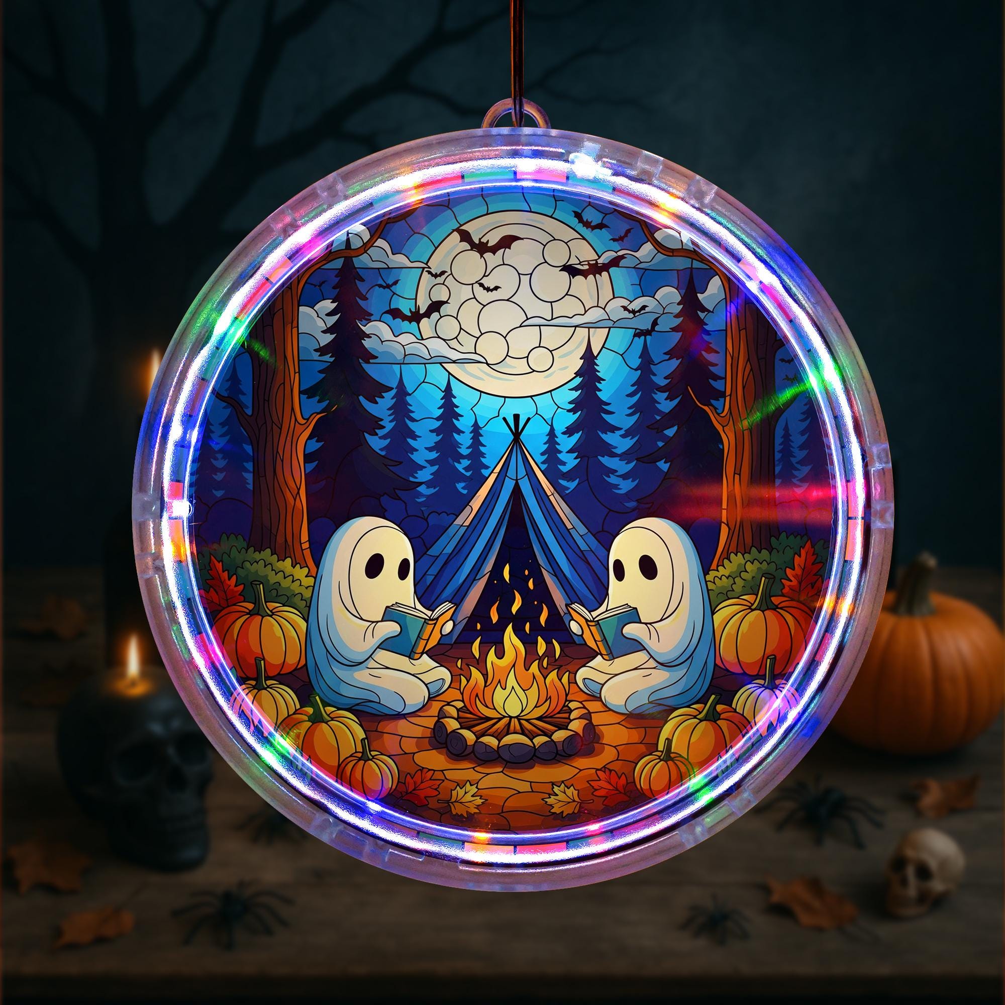 Halloween Campfire Ghost LED Hanging - Spooky Reading Night Light, Pumpkin Fall Window Decor, Cozy Autumn Book Lover Gift