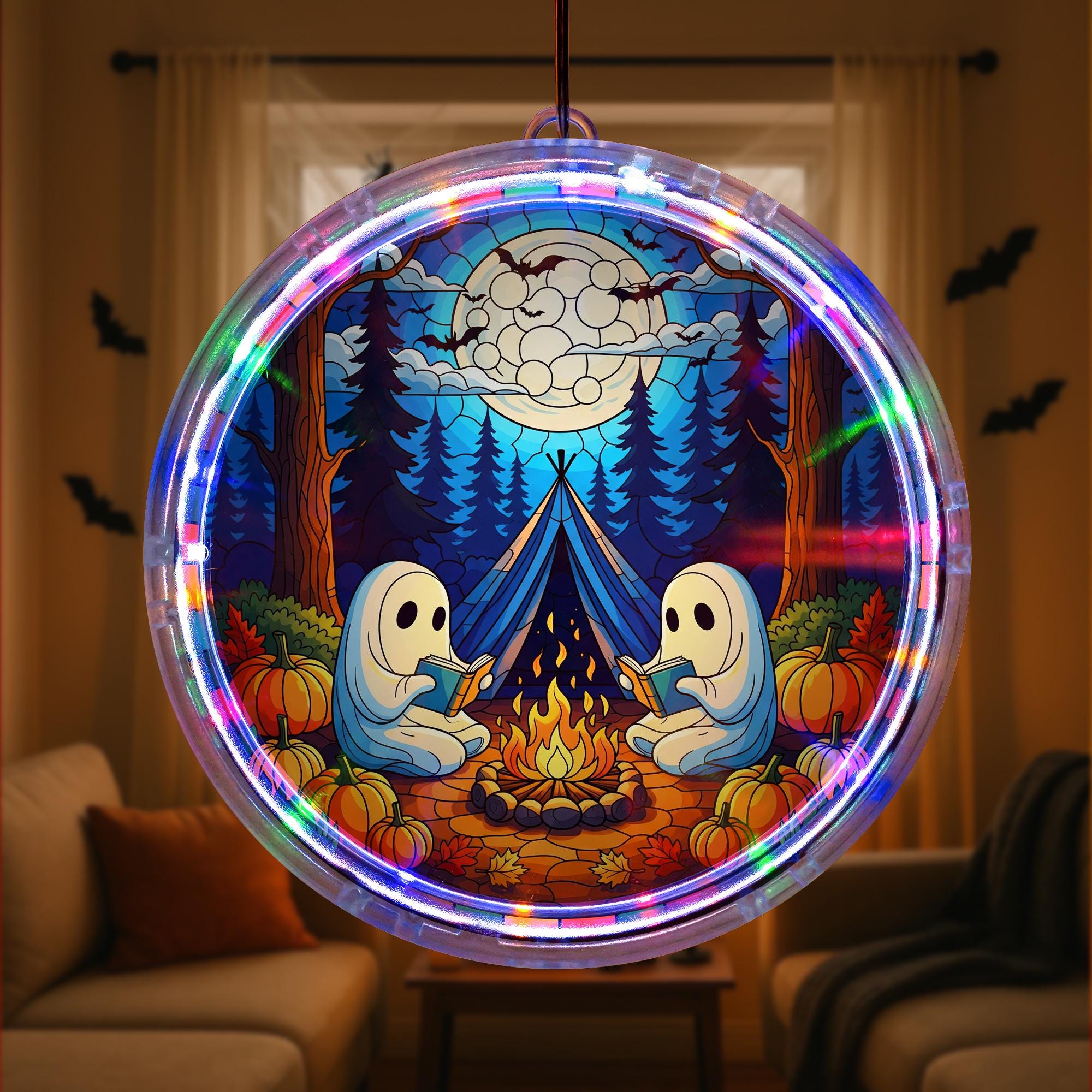 Halloween Campfire Ghost LED Hanging - Spooky Reading Night Light, Pumpkin Fall Window Decor, Cozy Autumn Book Lover Gift