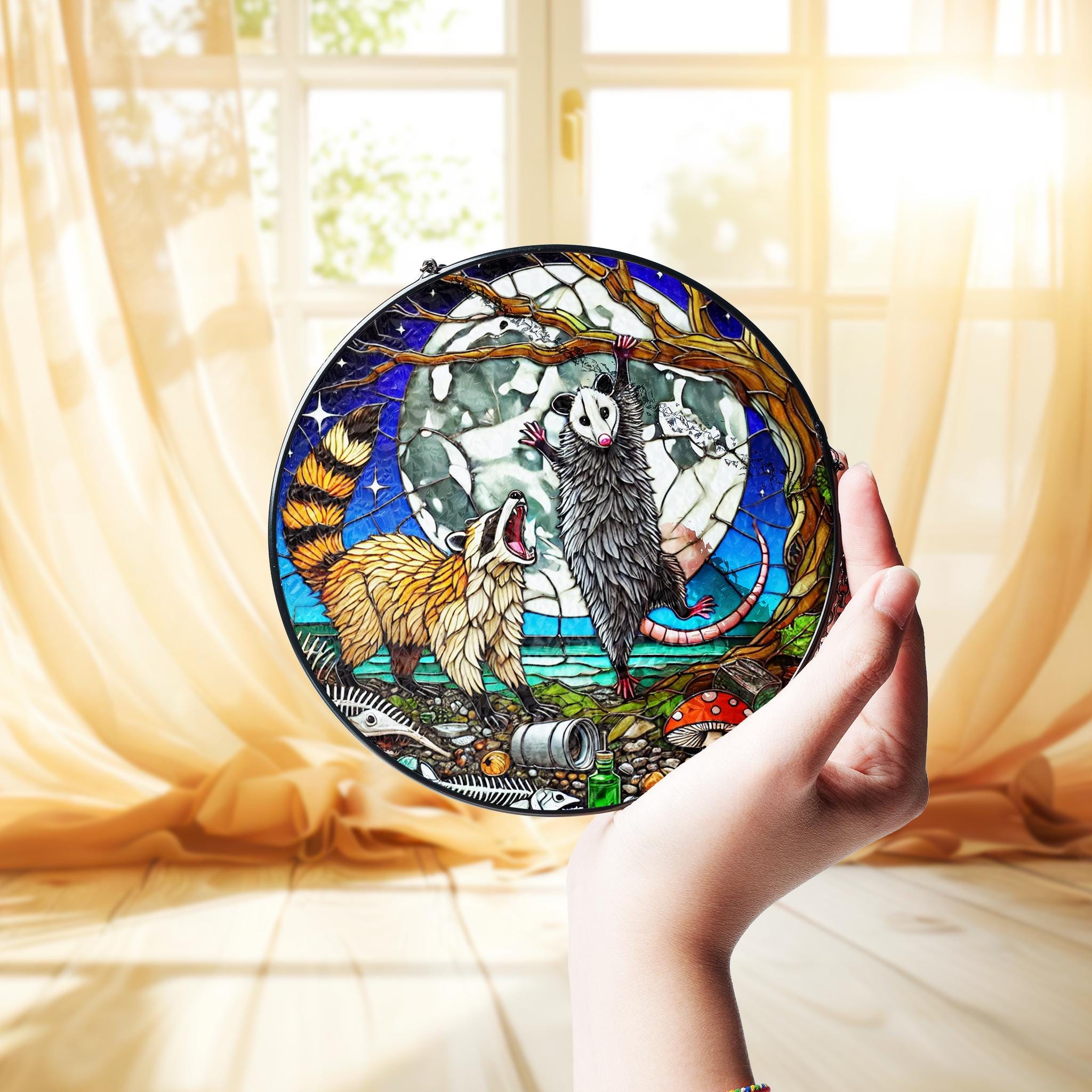 Glass Suncatcher – Quirky Raccoon and Possum Glass Window Art