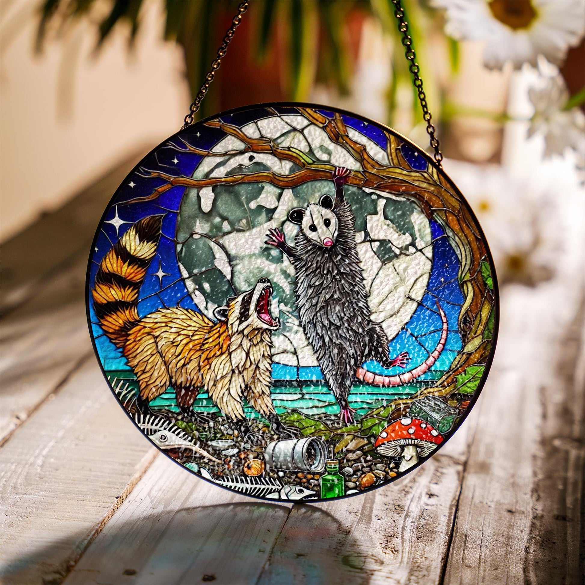 Glass Suncatcher – Quirky Raccoon and Possum Glass Window Art