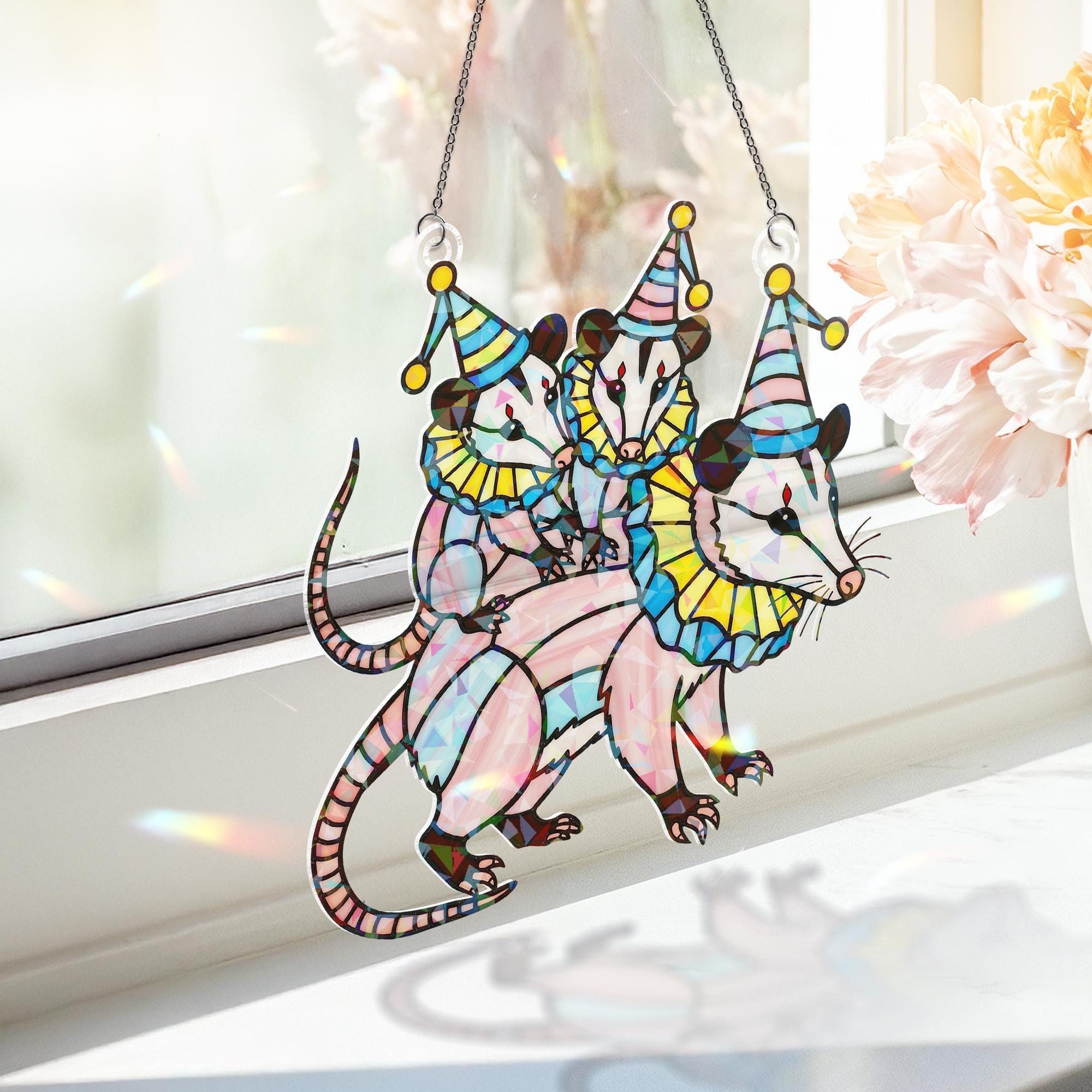 Possum Suncatcher – Holographic Acrylic Clown Mom with Babies Quirky Decor