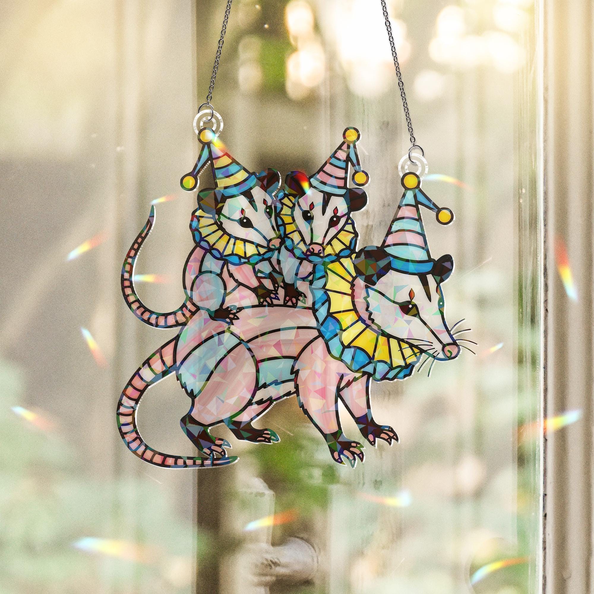 Possum Suncatcher – Holographic Acrylic Clown Mom with Babies Quirky Decor
