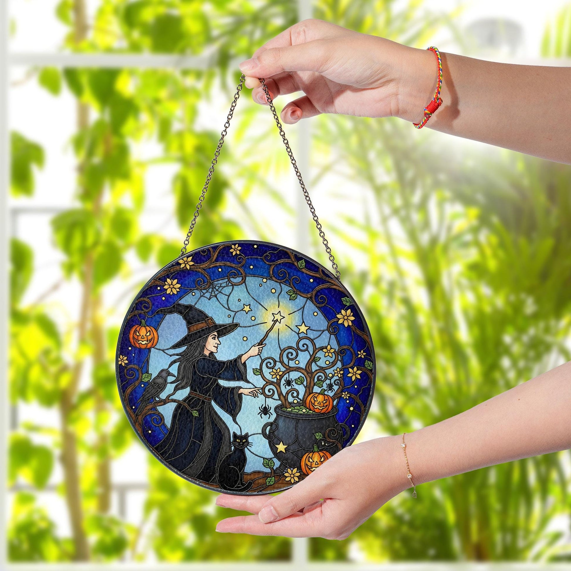 Witch Glass Suncatcher – Halloween Cauldron Pumpkin Black Cat Glass Decor