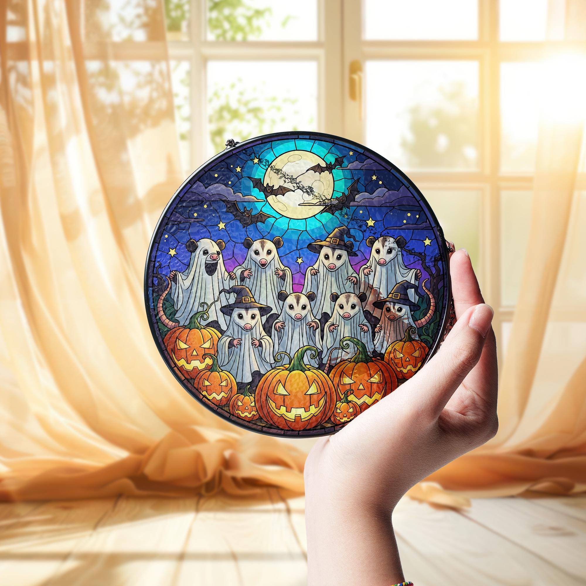 Possum Glass Suncatcher – Halloween Ghosts Pumpkins Full Moon Glass Decor