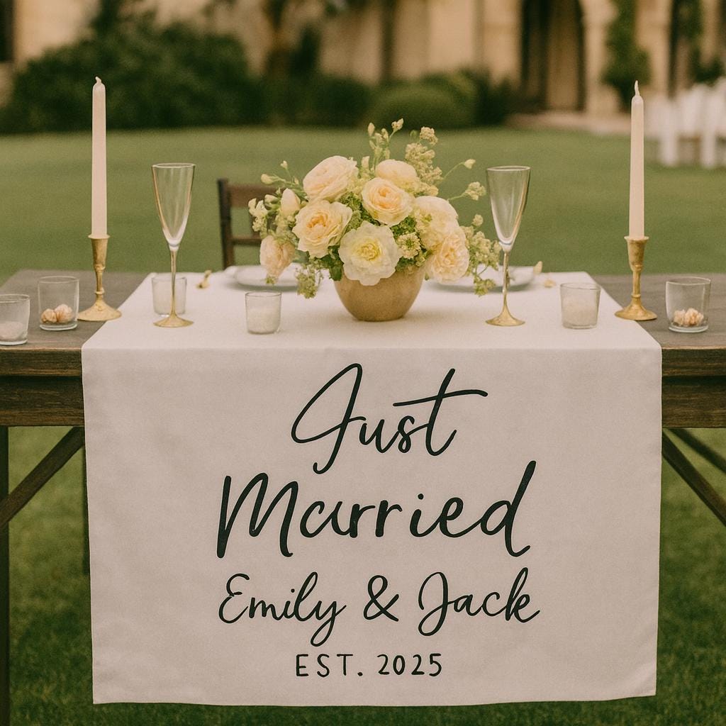 Wedding Table Sign – Custom Just Married Table Runner Personalized Reception Decor