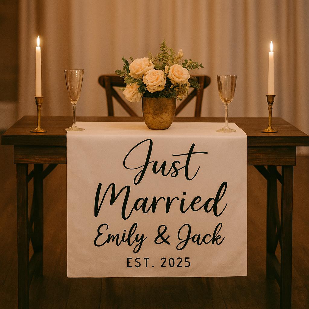 Wedding Table Sign – Custom Just Married Table Runner Personalized Reception Decor
