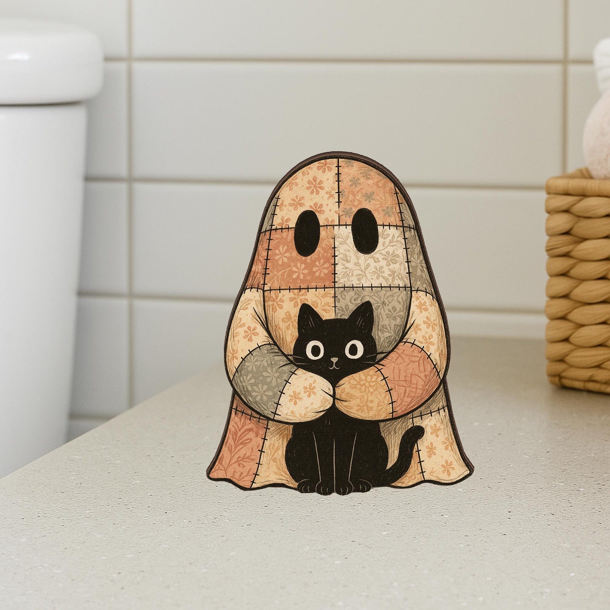 Halloween Ghost Wooden Block Decor - Patchwork Ghost with Black Cat, Spooky Rustic Fall, Cozy Autumn Home Accent