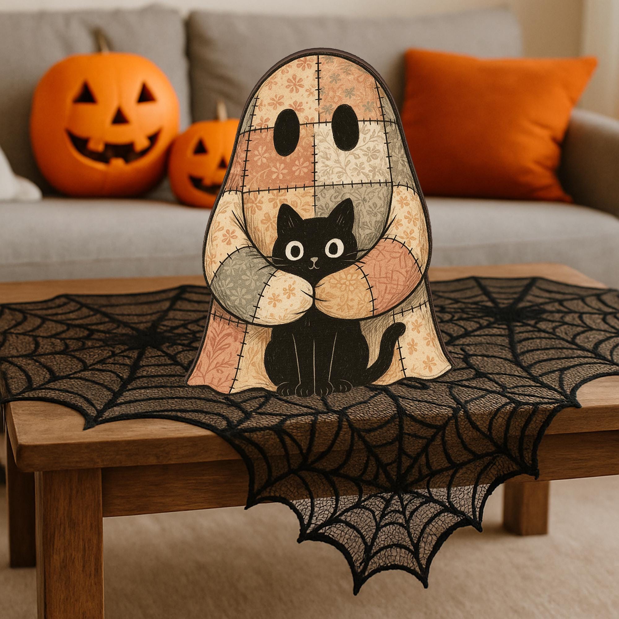 Halloween Ghost Wooden Block Decor - Patchwork Ghost with Black Cat, Spooky Rustic Fall, Cozy Autumn Home Accent