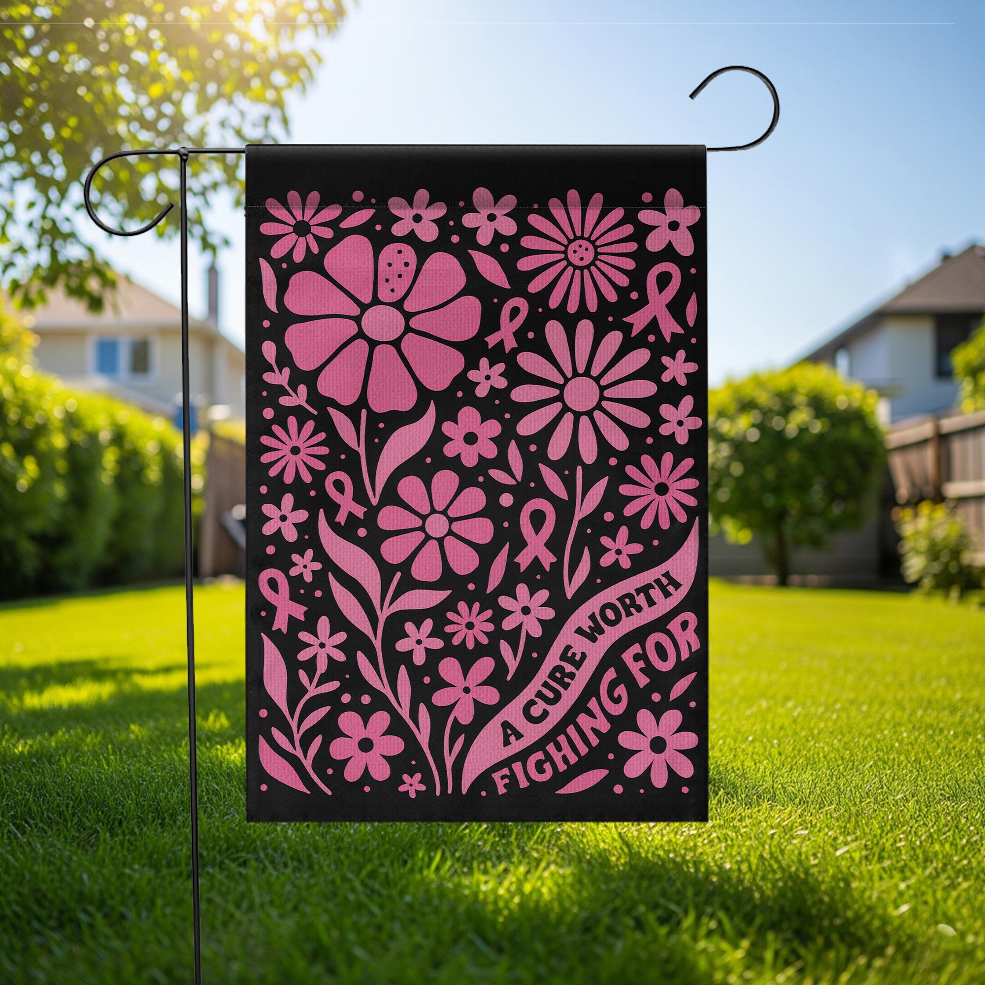 Breast Cancer Garden Flag – Pink Ribbon Floral Outdoor Yard Awareness Support Decor