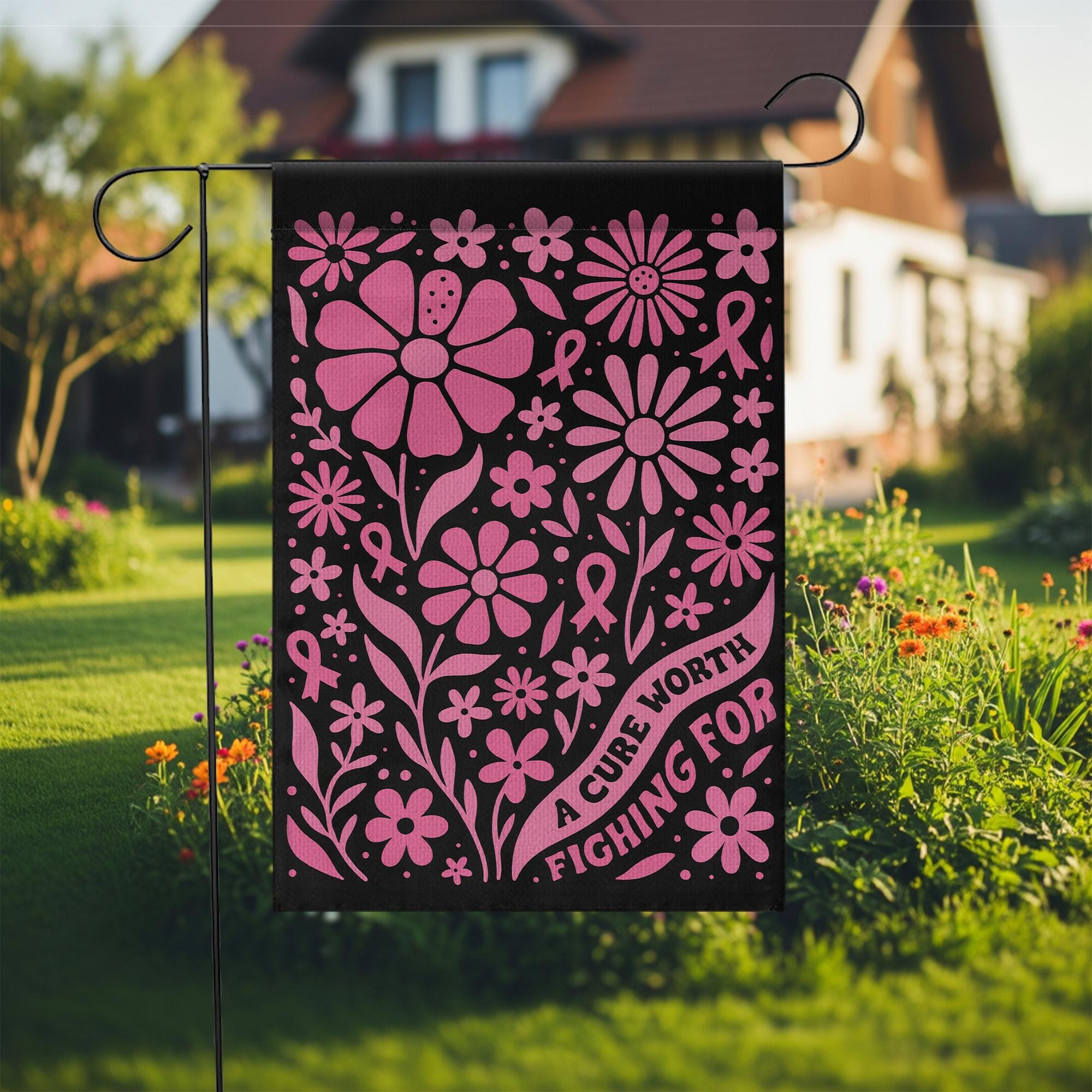 Breast Cancer Garden Flag – Pink Ribbon Floral Outdoor Yard Awareness Support Decor