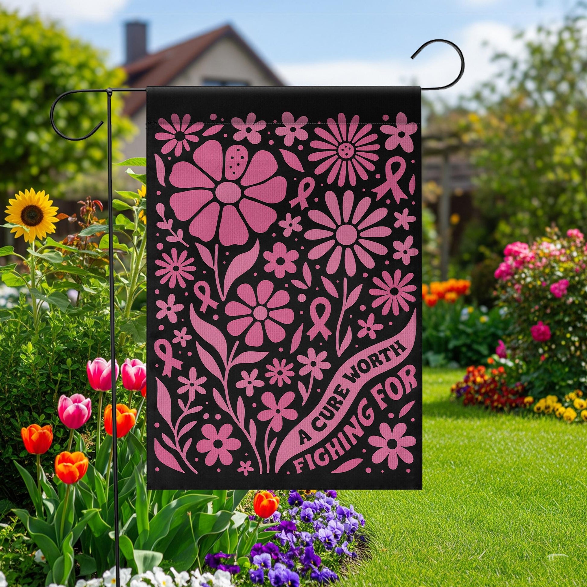 Breast Cancer Garden Flag – Pink Ribbon Floral Outdoor Yard Awareness Support Decor