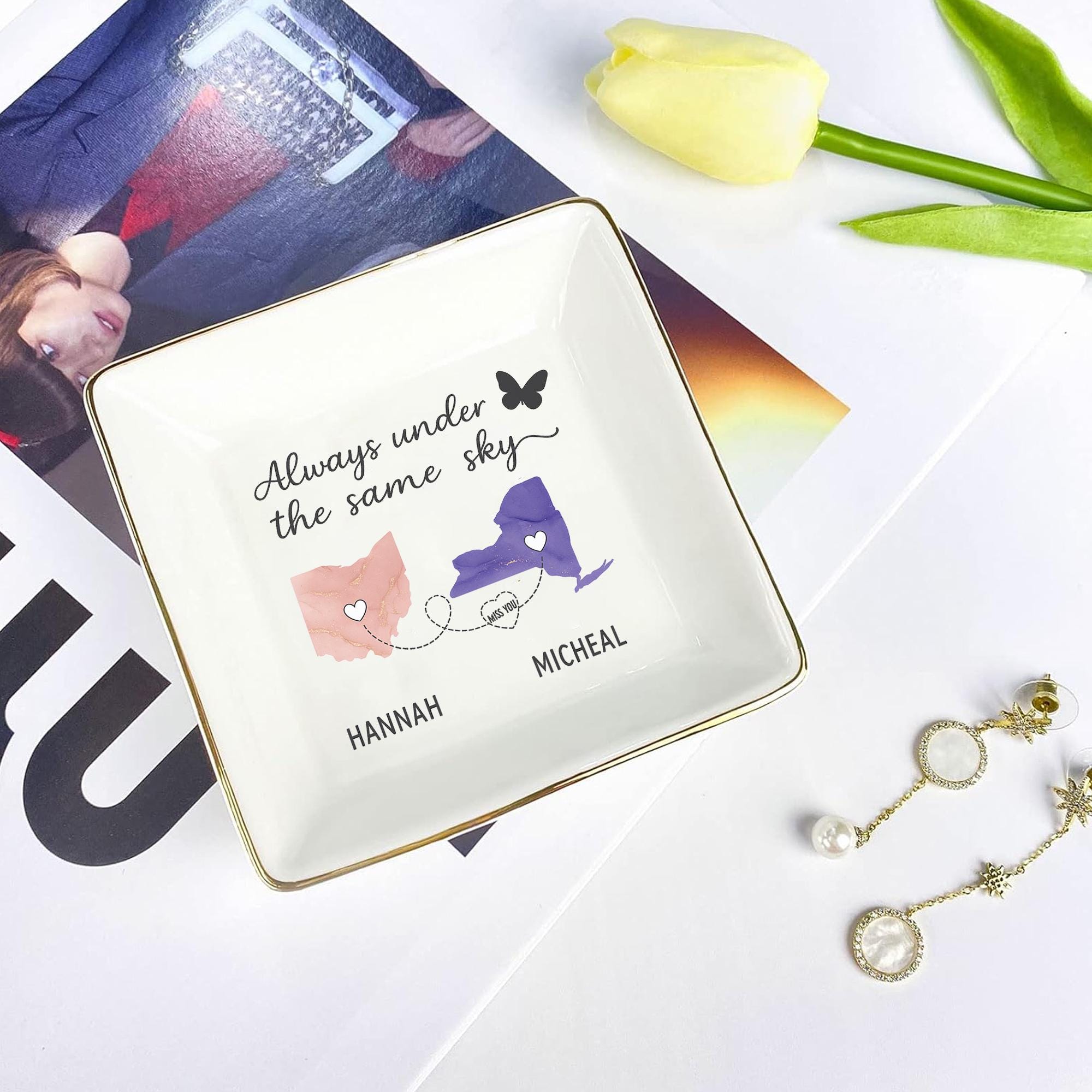 Personalized Ceramic Jewelry Tray: Custom Ring Dish, Long Distance Gift